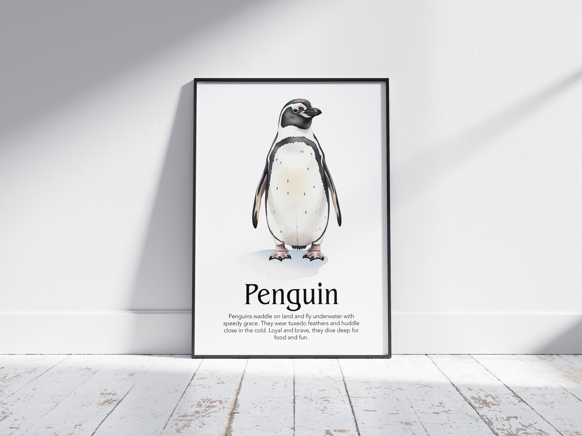 Detailed hand-illustrated Educational Penguin Animal Poster for the letter 'P', printed on semi-gloss sustainable paper. Perfect wall art for children's rooms, nurseries, or playrooms with an educational and nature-inspired aesthetic.