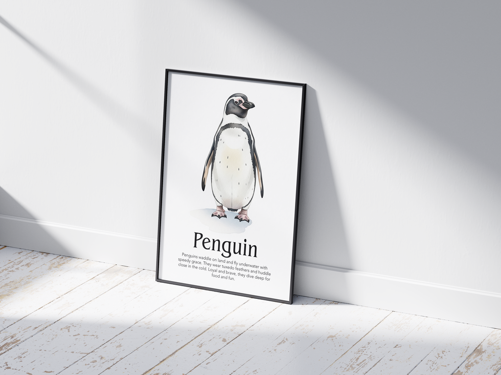 Detailed hand-illustrated Educational Penguin Animal Poster for the letter 'P', printed on semi-gloss sustainable paper. Perfect wall art for children's rooms, nurseries, or playrooms with an educational and nature-inspired aesthetic.