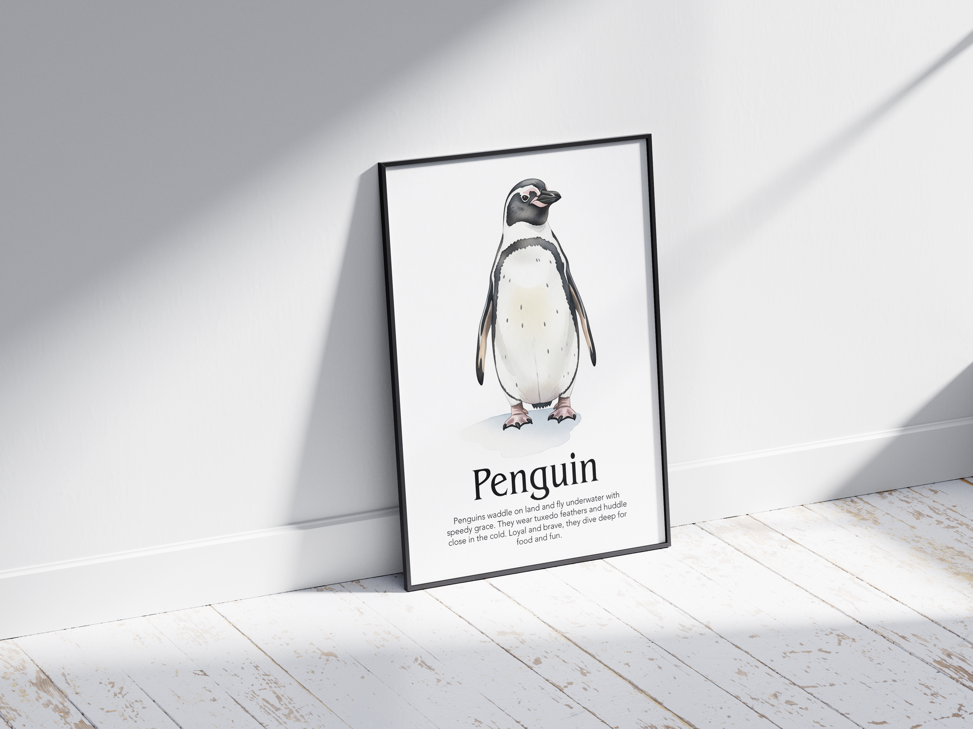 Detailed hand-illustrated Educational Penguin Animal Poster for the letter 'P', printed on semi-gloss sustainable paper. Perfect wall art for children's rooms, nurseries, or playrooms with an educational and nature-inspired aesthetic.