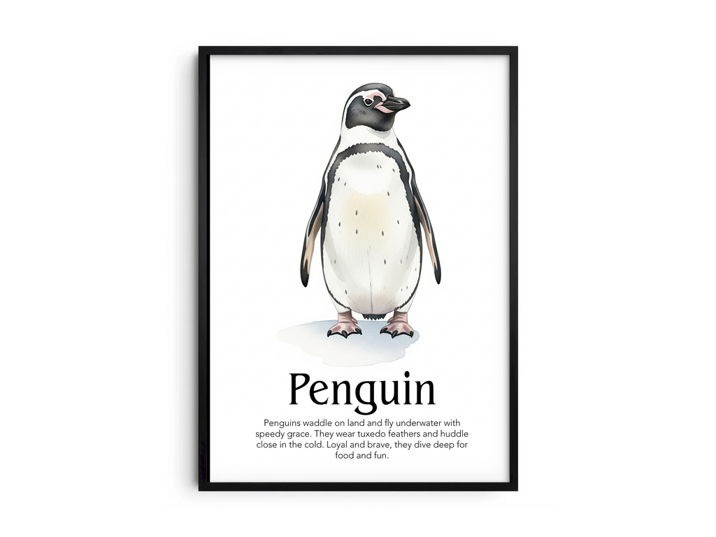 Detailed hand-illustrated Educational Penguin Animal Poster for the letter 'P', printed on semi-gloss sustainable paper. Perfect wall art for children's rooms, nurseries, or playrooms with an educational and nature-inspired aesthetic.