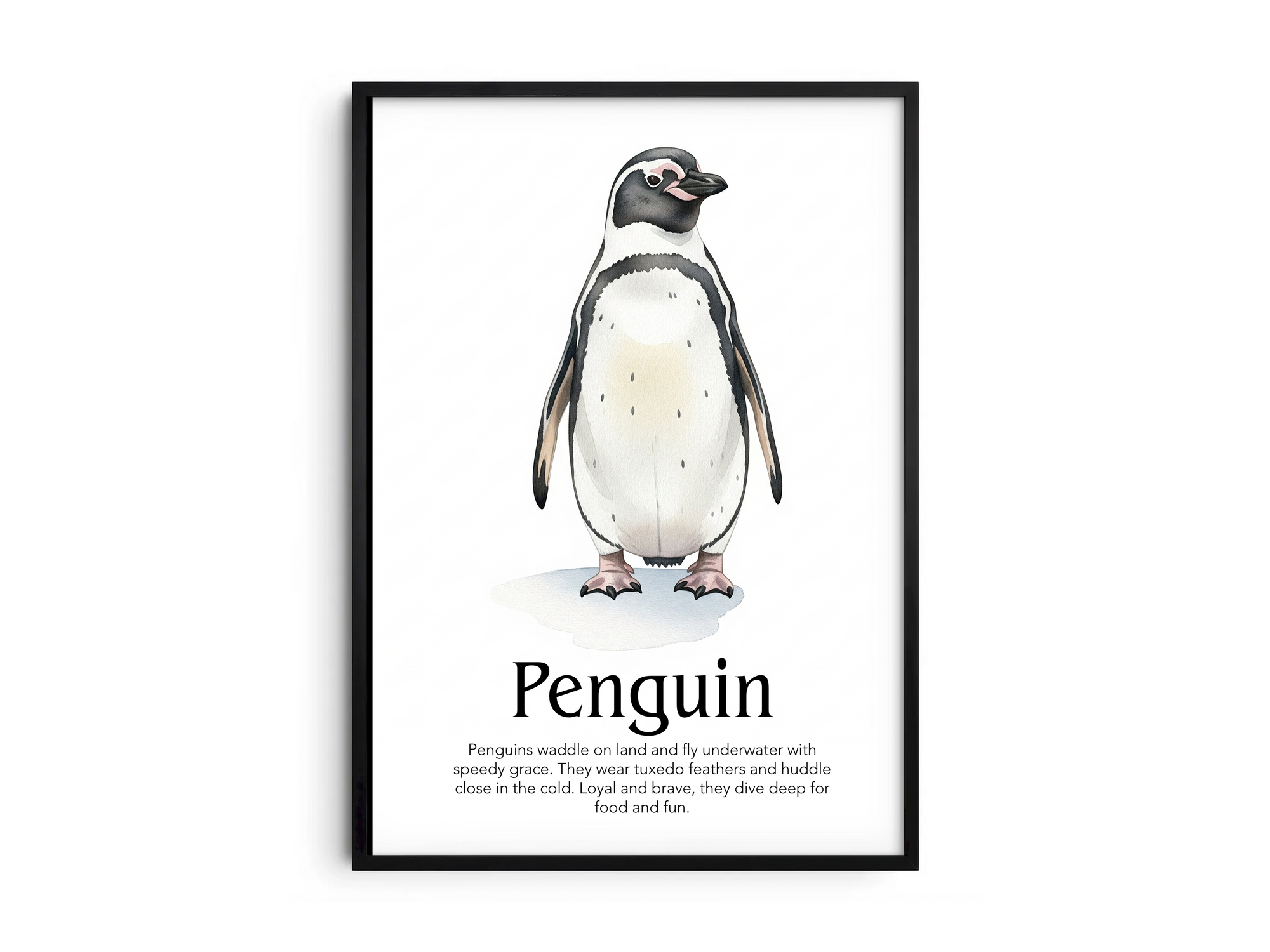 Detailed hand-illustrated Educational Penguin Animal Poster for the letter 'P', printed on semi-gloss sustainable paper. Perfect wall art for children's rooms, nurseries, or playrooms with an educational and nature-inspired aesthetic.