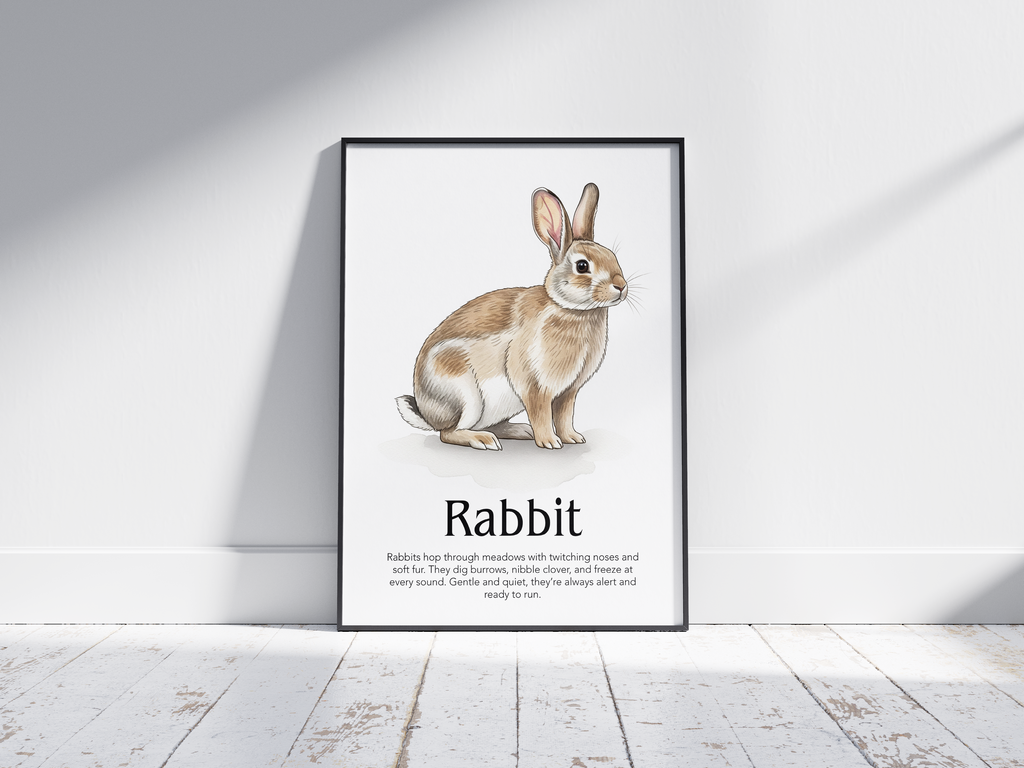 Detailed hand-illustrated Educational Rabbit Animal Poster for the letter 'R', printed on semi-gloss sustainable paper. Perfect wall art for children's rooms, nurseries, or playrooms with an educational and nature-inspired aesthetic.