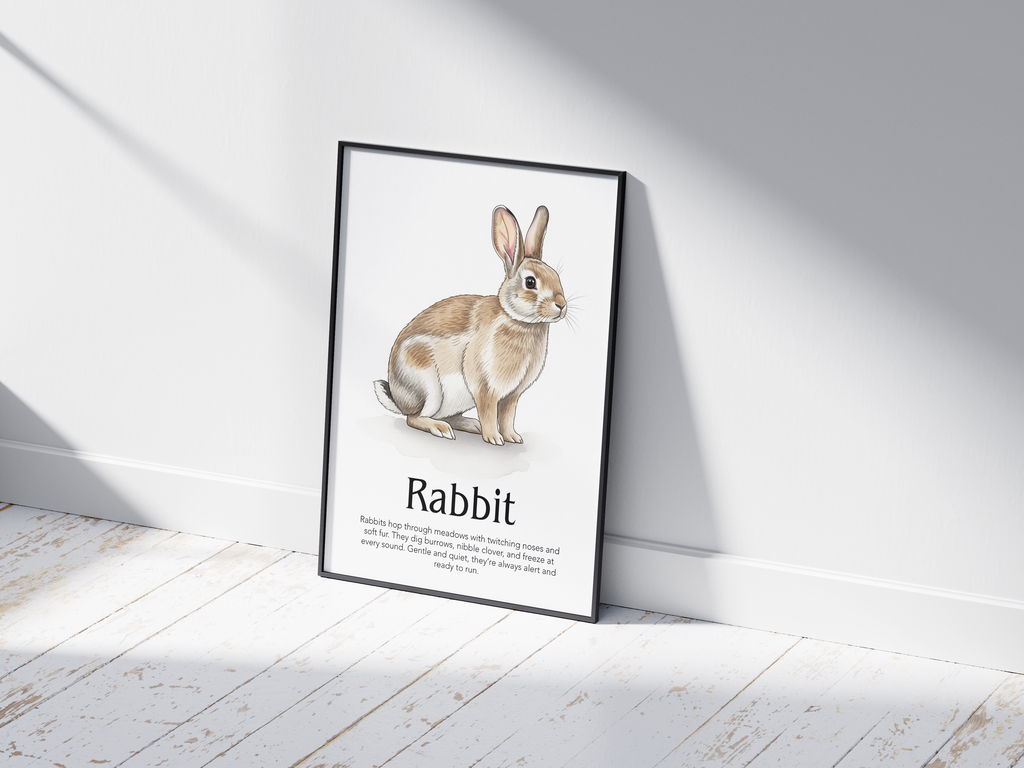 Detailed hand-illustrated Educational Rabbit Animal Poster for the letter 'R', printed on semi-gloss sustainable paper. Perfect wall art for children's rooms, nurseries, or playrooms with an educational and nature-inspired aesthetic.
