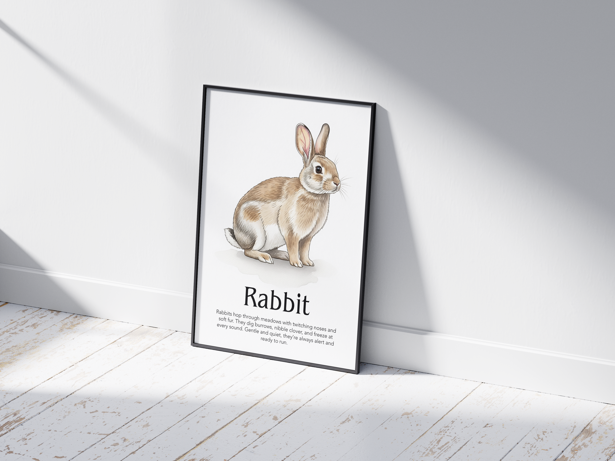 Detailed hand-illustrated Educational Rabbit Animal Poster for the letter 'R', printed on semi-gloss sustainable paper. Perfect wall art for children's rooms, nurseries, or playrooms with an educational and nature-inspired aesthetic.