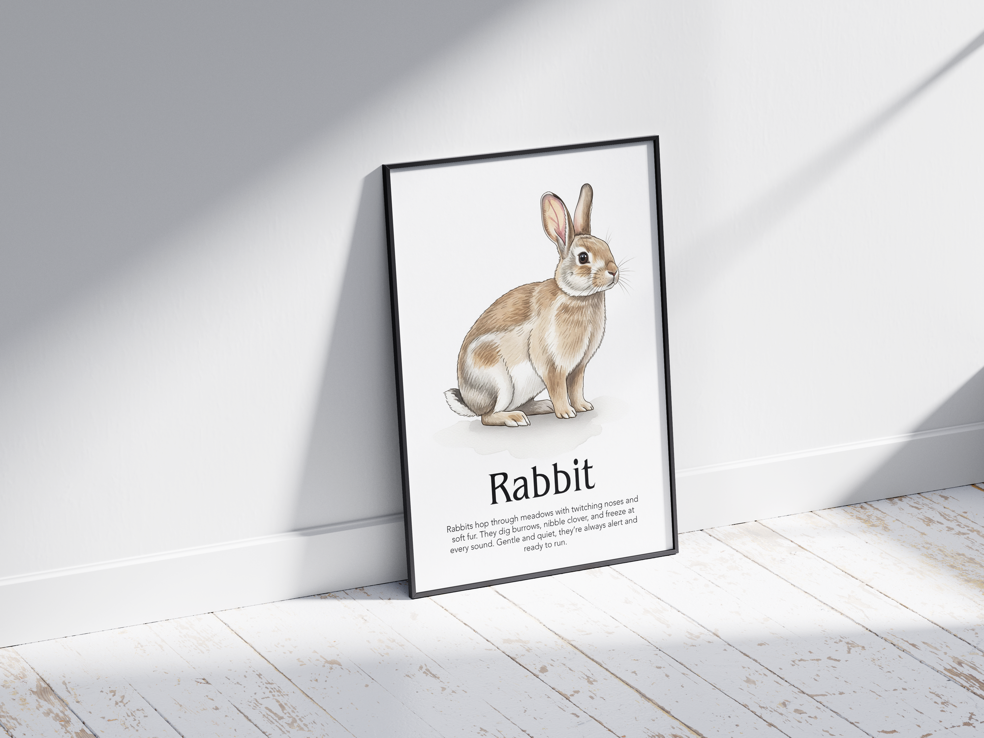 Detailed hand-illustrated Educational Rabbit Animal Poster for the letter 'R', printed on semi-gloss sustainable paper. Perfect wall art for children's rooms, nurseries, or playrooms with an educational and nature-inspired aesthetic.