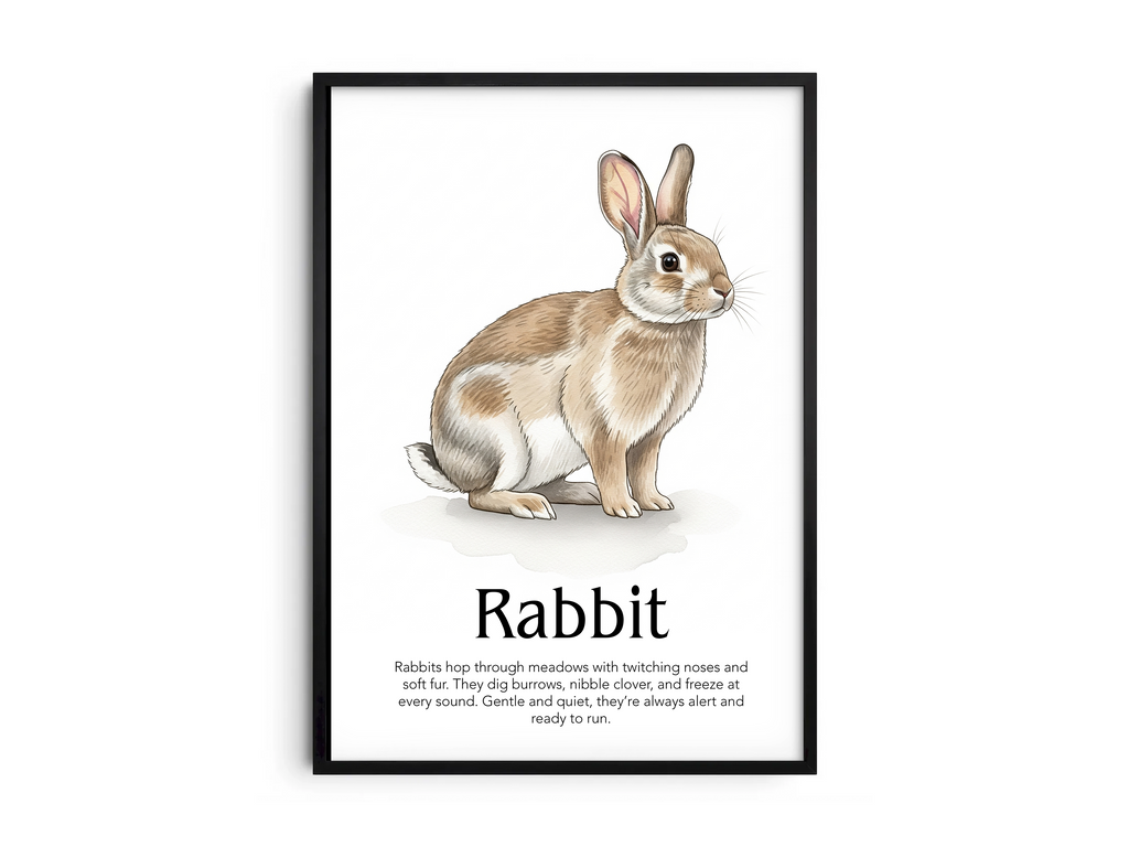 Detailed hand-illustrated Educational Rabbit Animal Poster for the letter 'R', printed on semi-gloss sustainable paper. Perfect wall art for children's rooms, nurseries, or playrooms with an educational and nature-inspired aesthetic.
