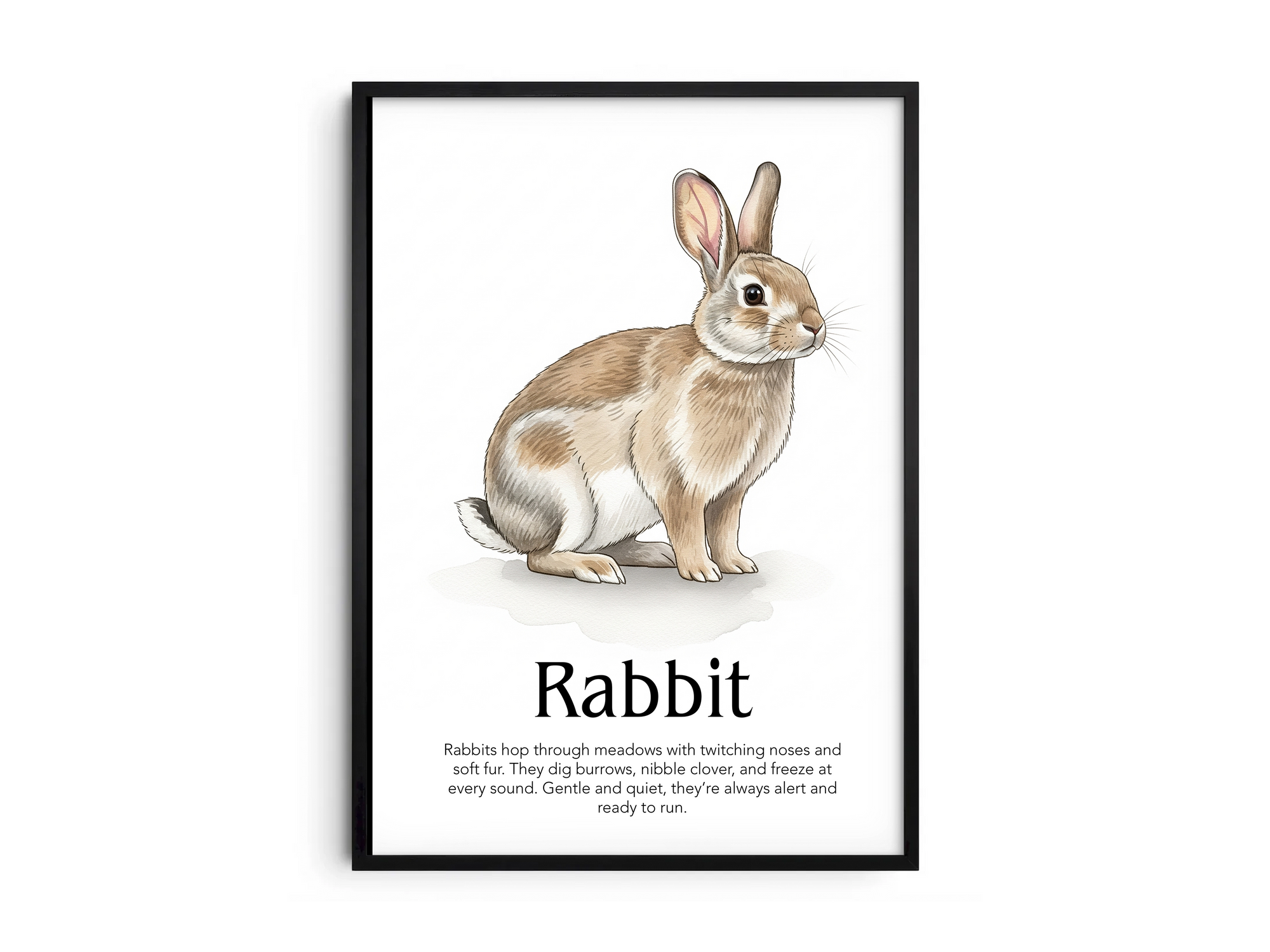 Detailed hand-illustrated Educational Rabbit Animal Poster for the letter 'R', printed on semi-gloss sustainable paper. Perfect wall art for children's rooms, nurseries, or playrooms with an educational and nature-inspired aesthetic.
