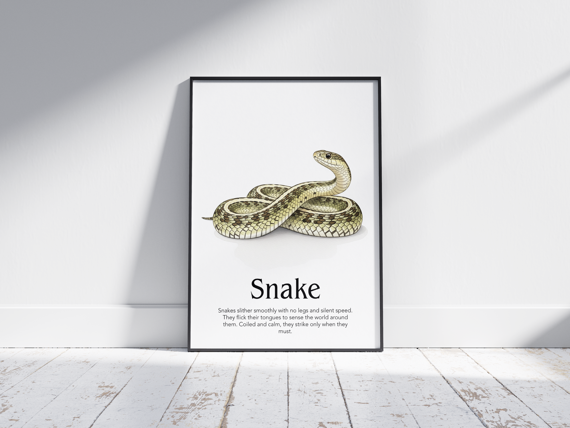 Detailed hand-illustrated Educational Snake Animal Poster for the letter 'S', printed on semi-gloss sustainable paper. Perfect wall art for children's rooms, nurseries, or playrooms with an educational and nature-inspired aesthetic.