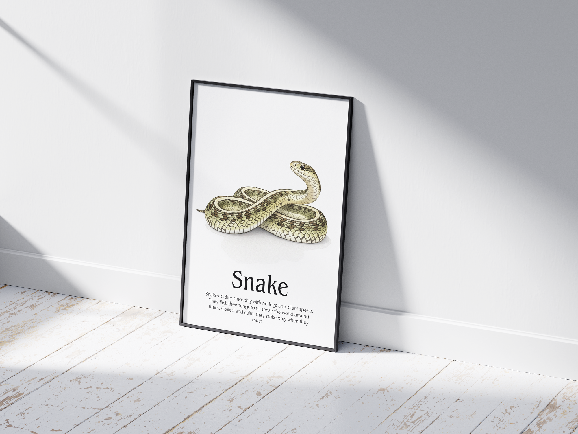 Detailed hand-illustrated Educational Snake Animal Poster for the letter 'S', printed on semi-gloss sustainable paper. Perfect wall art for children's rooms, nurseries, or playrooms with an educational and nature-inspired aesthetic.