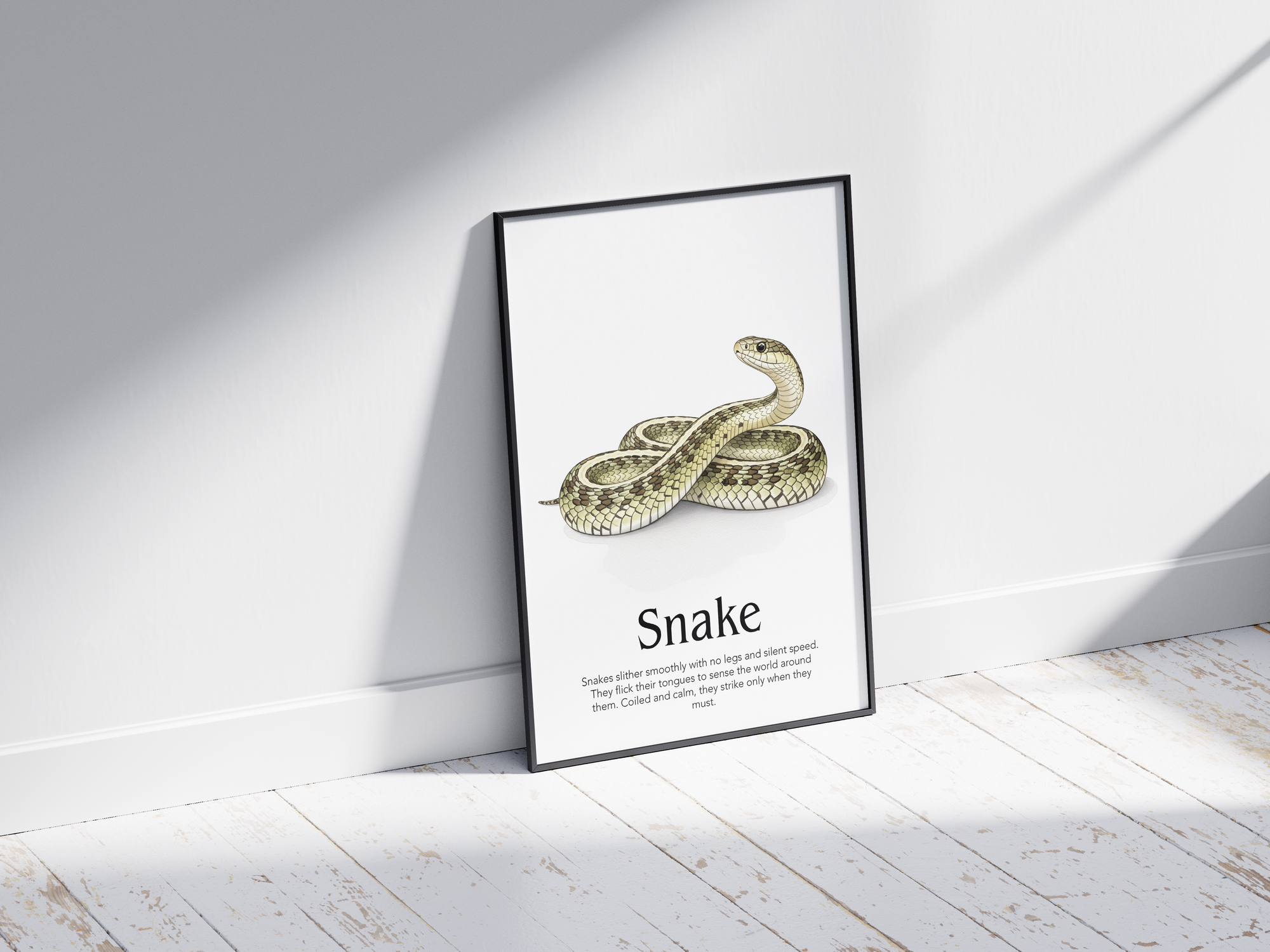 Detailed hand-illustrated Educational Snake Animal Poster for the letter 'S', printed on semi-gloss sustainable paper. Perfect wall art for children's rooms, nurseries, or playrooms with an educational and nature-inspired aesthetic.