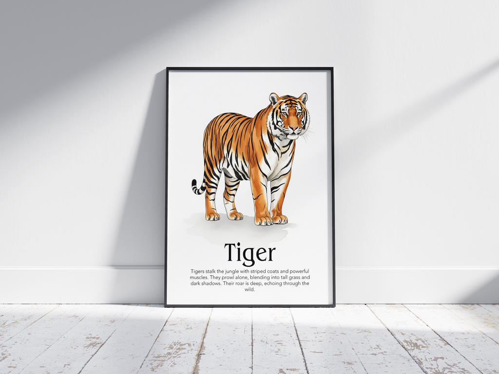 Detailed hand-illustrated Educational Tiger Animal Poster for the letter 'T', printed on semi-gloss sustainable paper. Perfect wall art for children's rooms, nurseries, or playrooms with an educational and nature-inspired aesthetic.