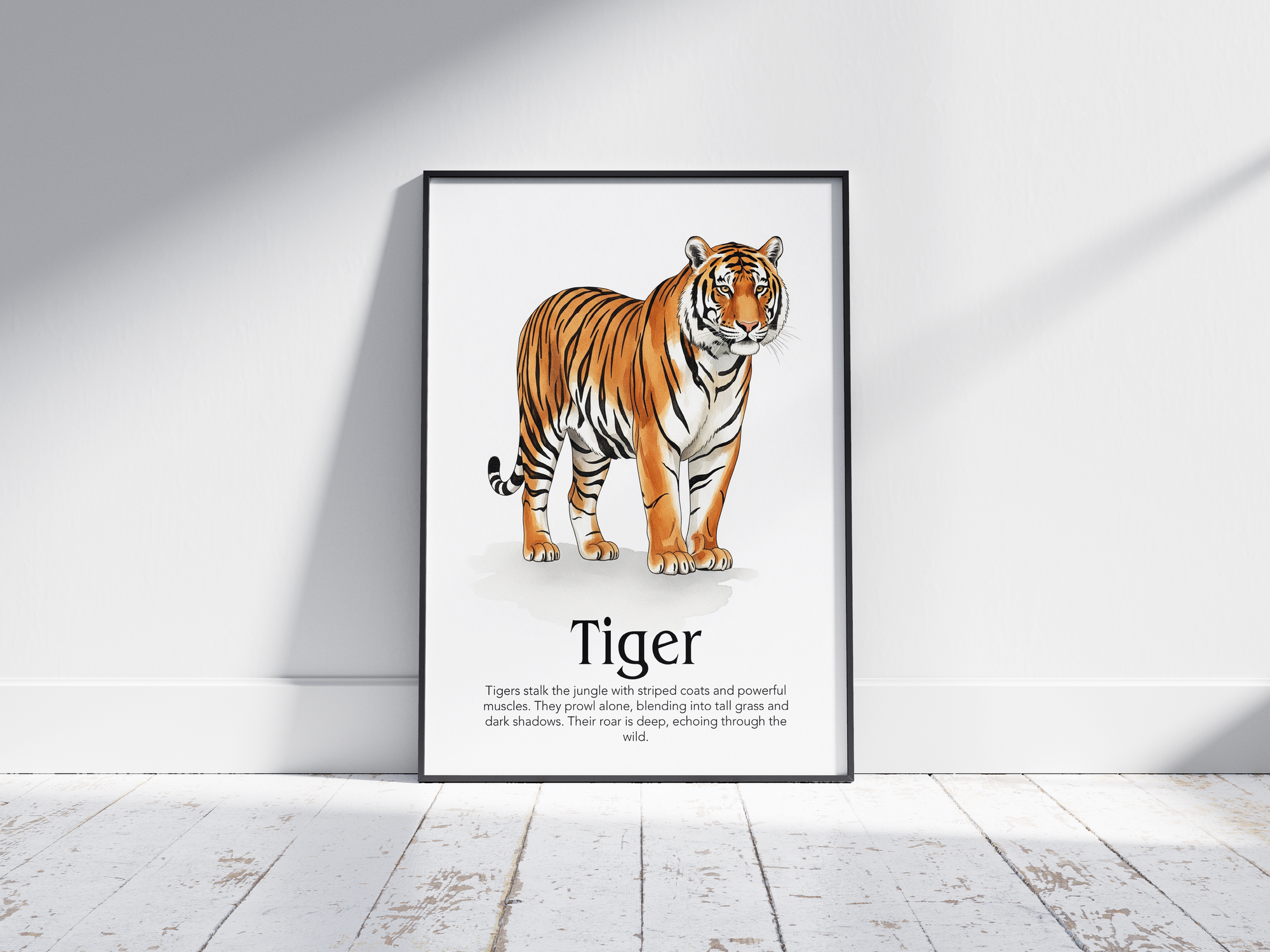 Detailed hand-illustrated Educational Tiger Animal Poster for the letter 'T', printed on semi-gloss sustainable paper. Perfect wall art for children's rooms, nurseries, or playrooms with an educational and nature-inspired aesthetic.