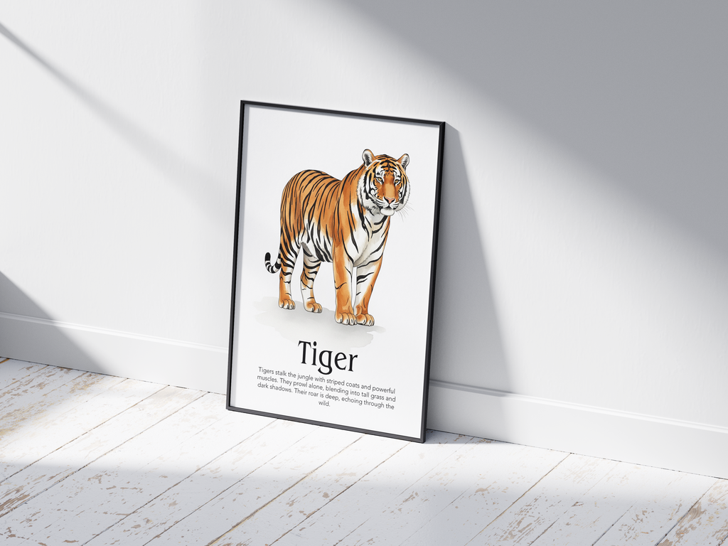 Detailed hand-illustrated Educational Tiger Animal Poster for the letter 'T', printed on semi-gloss sustainable paper. Perfect wall art for children's rooms, nurseries, or playrooms with an educational and nature-inspired aesthetic.
