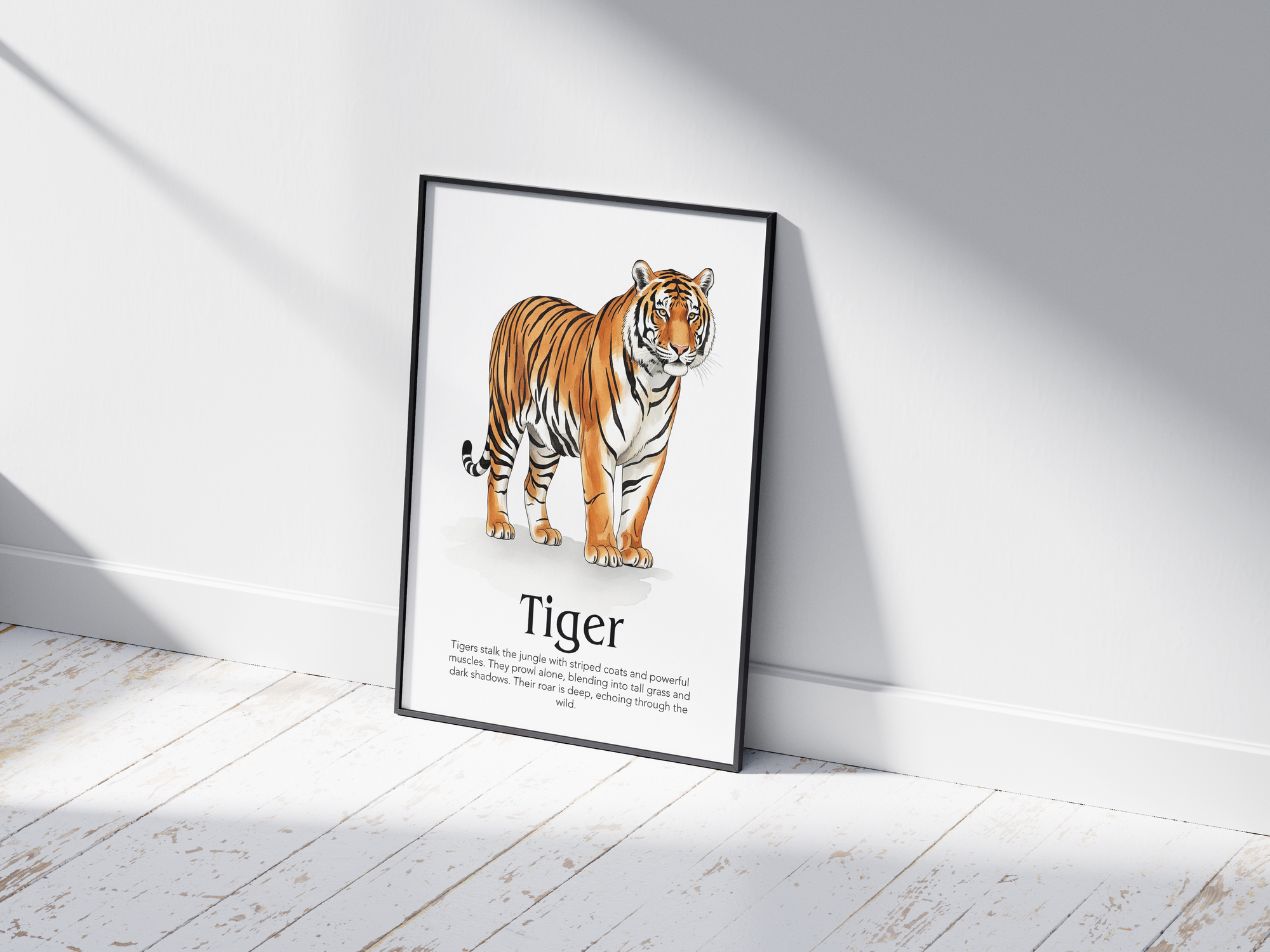 Detailed hand-illustrated Educational Tiger Animal Poster for the letter 'T', printed on semi-gloss sustainable paper. Perfect wall art for children's rooms, nurseries, or playrooms with an educational and nature-inspired aesthetic.