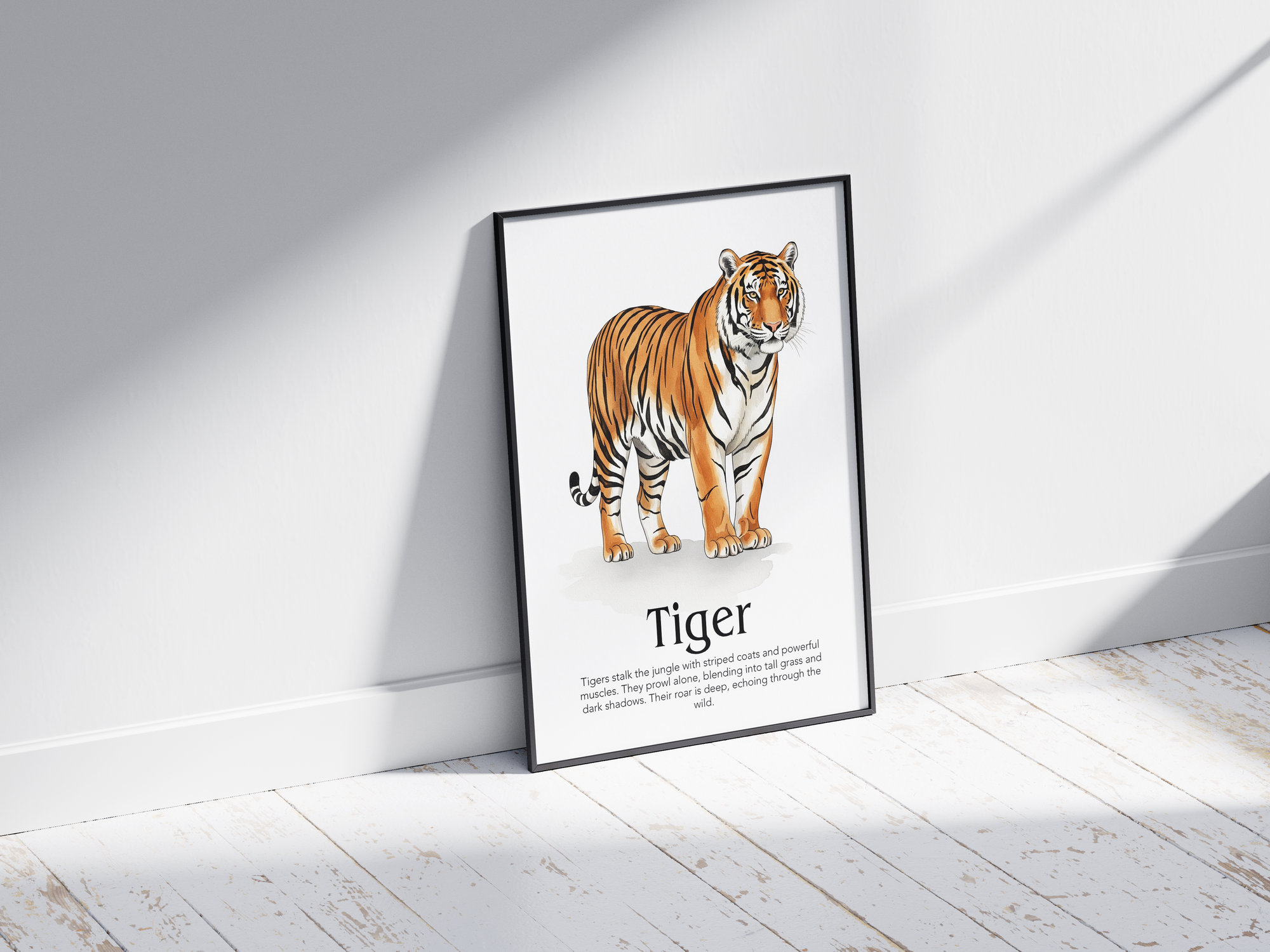 Detailed hand-illustrated Educational Tiger Animal Poster for the letter 'T', printed on semi-gloss sustainable paper. Perfect wall art for children's rooms, nurseries, or playrooms with an educational and nature-inspired aesthetic.