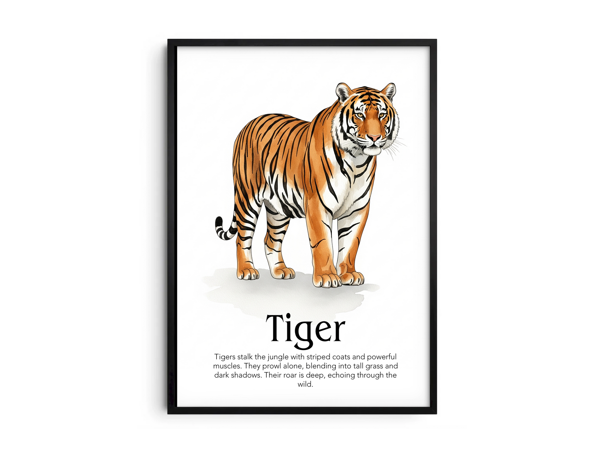 Detailed hand-illustrated Educational Tiger Animal Poster for the letter 'T', printed on semi-gloss sustainable paper. Perfect wall art for children's rooms, nurseries, or playrooms with an educational and nature-inspired aesthetic.