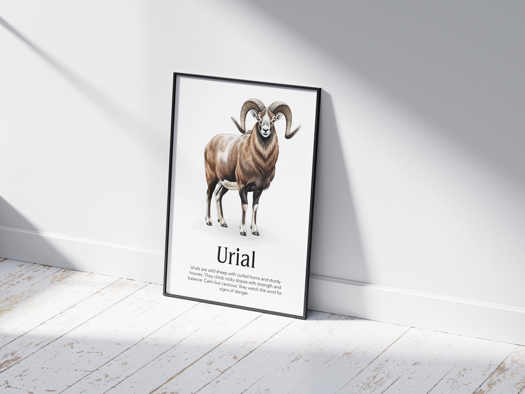 Detailed hand-illustrated Educational Urial Animal Poster for the letter 'U', printed on semi-gloss sustainable paper. Perfect wall art for children's rooms, nurseries, or playrooms with an educational and nature-inspired aesthetic.