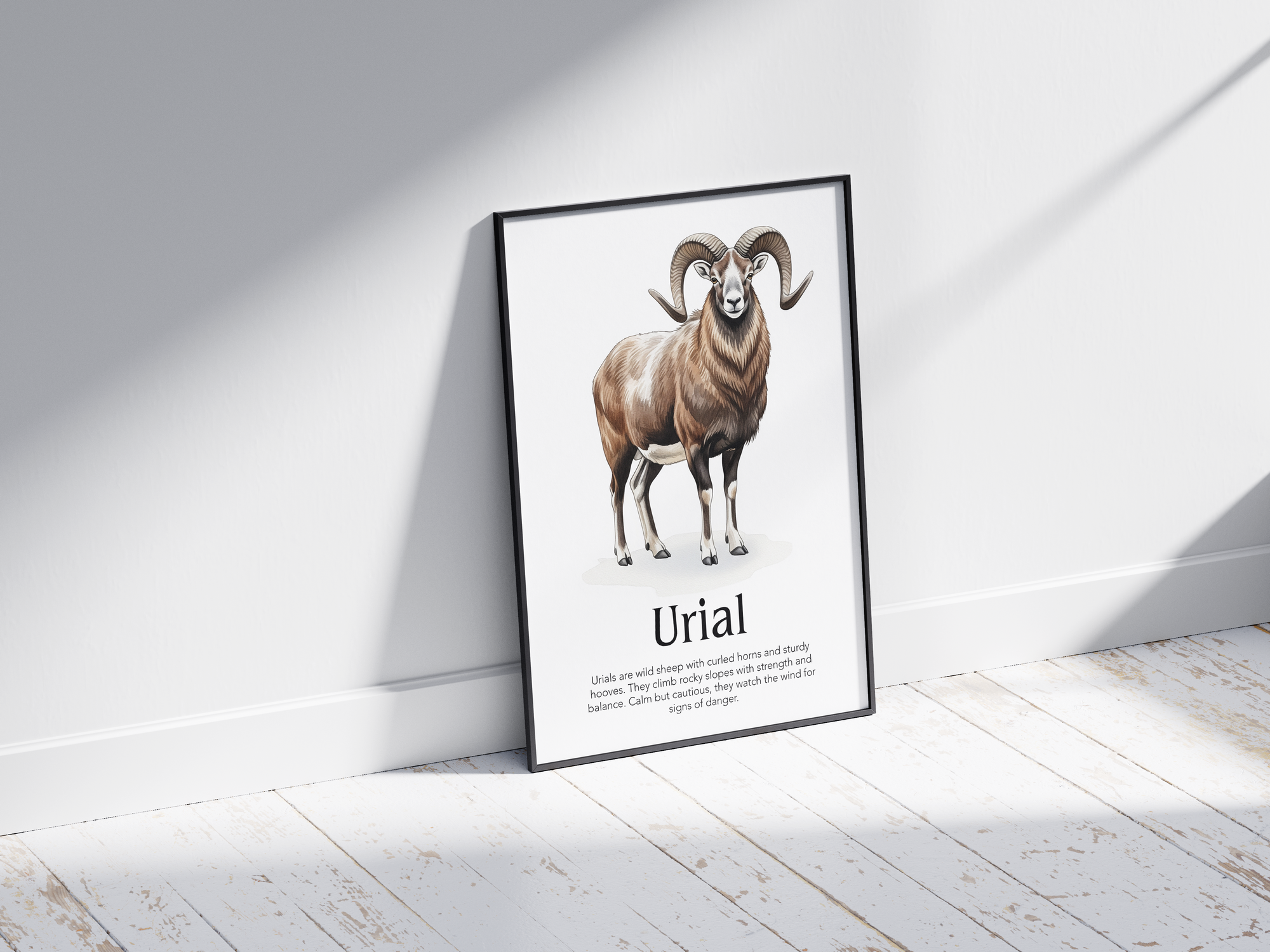 Detailed hand-illustrated Educational Urial Animal Poster for the letter 'U', printed on semi-gloss sustainable paper. Perfect wall art for children's rooms, nurseries, or playrooms with an educational and nature-inspired aesthetic.