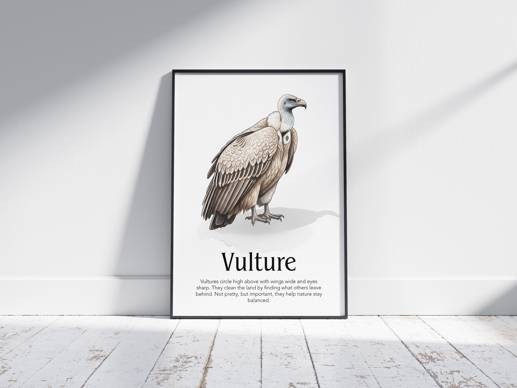 Detailed hand-illustrated Educational Vulture Animal Poster for the letter 'V', printed on semi-gloss sustainable paper. Perfect wall art for children's rooms, nurseries, or playrooms with an educational and nature-inspired aesthetic.