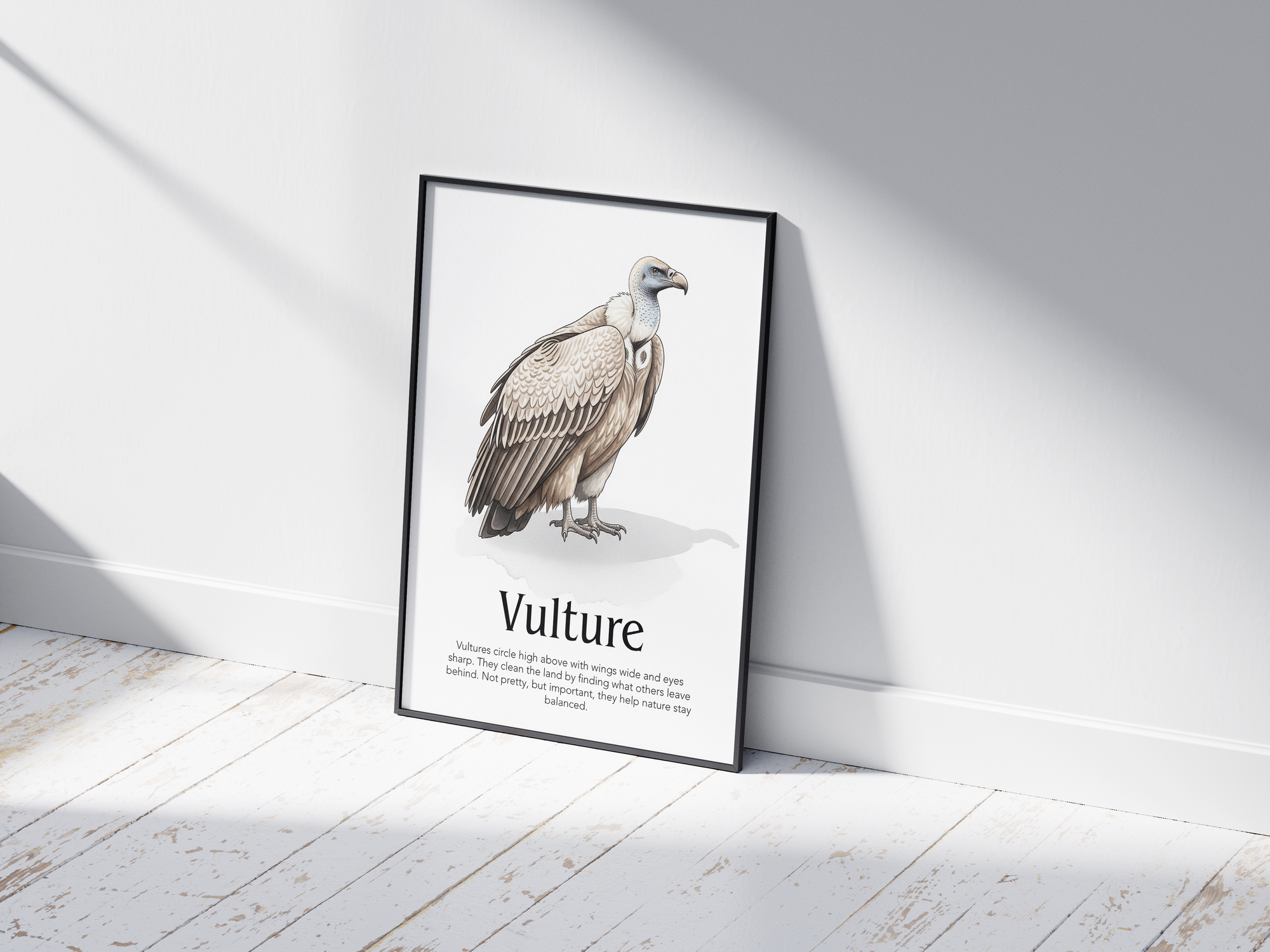 Detailed hand-illustrated Educational Vulture Animal Poster for the letter 'V', printed on semi-gloss sustainable paper. Perfect wall art for children's rooms, nurseries, or playrooms with an educational and nature-inspired aesthetic.