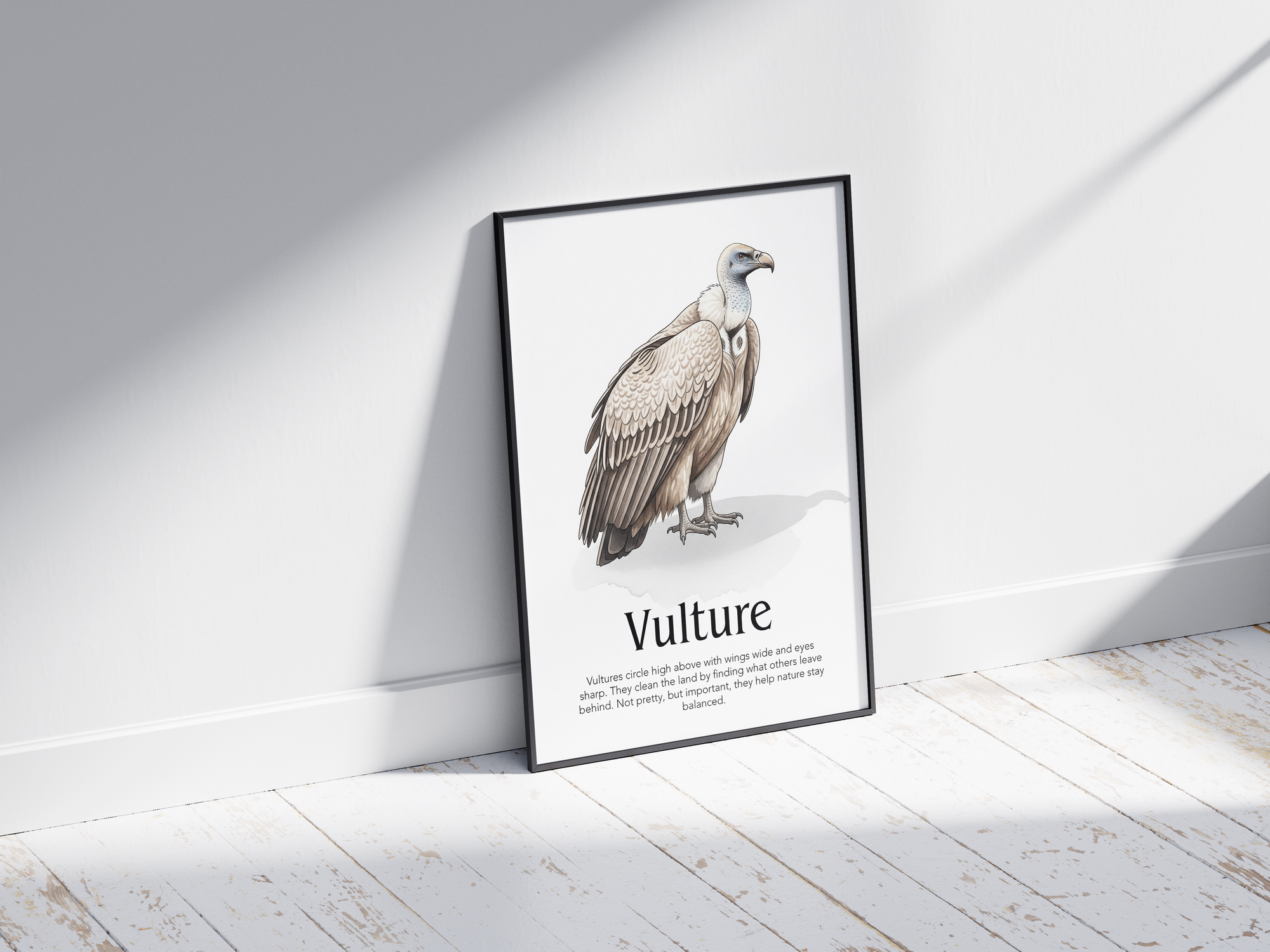 Detailed hand-illustrated Educational Vulture Animal Poster for the letter 'V', printed on semi-gloss sustainable paper. Perfect wall art for children's rooms, nurseries, or playrooms with an educational and nature-inspired aesthetic.