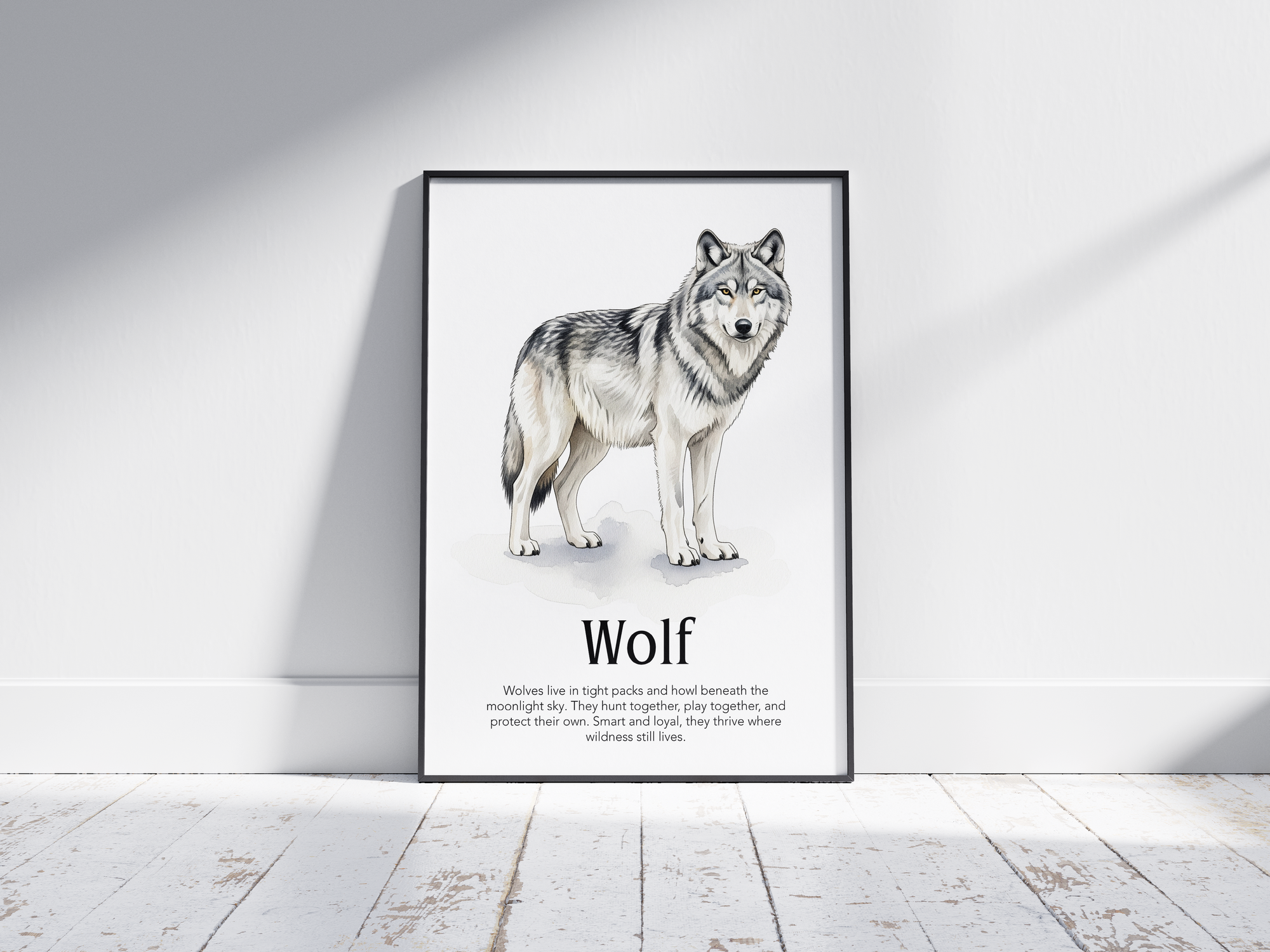 Detailed hand-illustrated Educational Wolf Animal Poster for the letter 'W', printed on semi-gloss sustainable paper. Perfect wall art for children's rooms, nurseries, or playrooms with an educational and nature-inspired aesthetic.