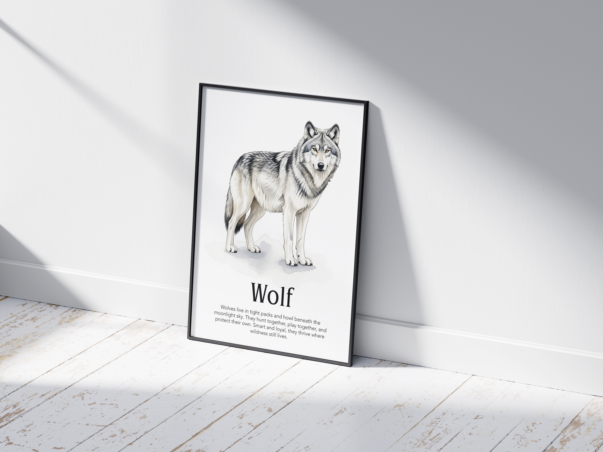Detailed hand-illustrated Educational Wolf Animal Poster for the letter 'W', printed on semi-gloss sustainable paper. Perfect wall art for children's rooms, nurseries, or playrooms with an educational and nature-inspired aesthetic.