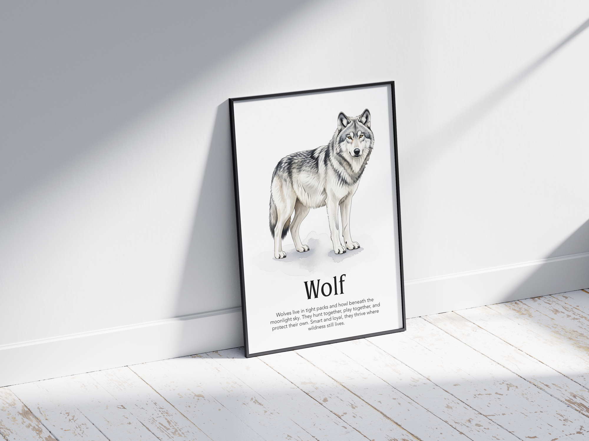 Detailed hand-illustrated Educational Wolf Animal Poster for the letter 'W', printed on semi-gloss sustainable paper. Perfect wall art for children's rooms, nurseries, or playrooms with an educational and nature-inspired aesthetic.