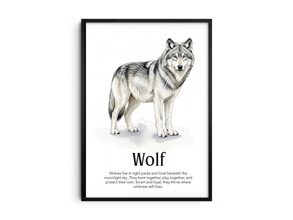 Detailed hand-illustrated Educational Wolf Animal Poster for the letter 'W', printed on semi-gloss sustainable paper. Perfect wall art for children's rooms, nurseries, or playrooms with an educational and nature-inspired aesthetic.