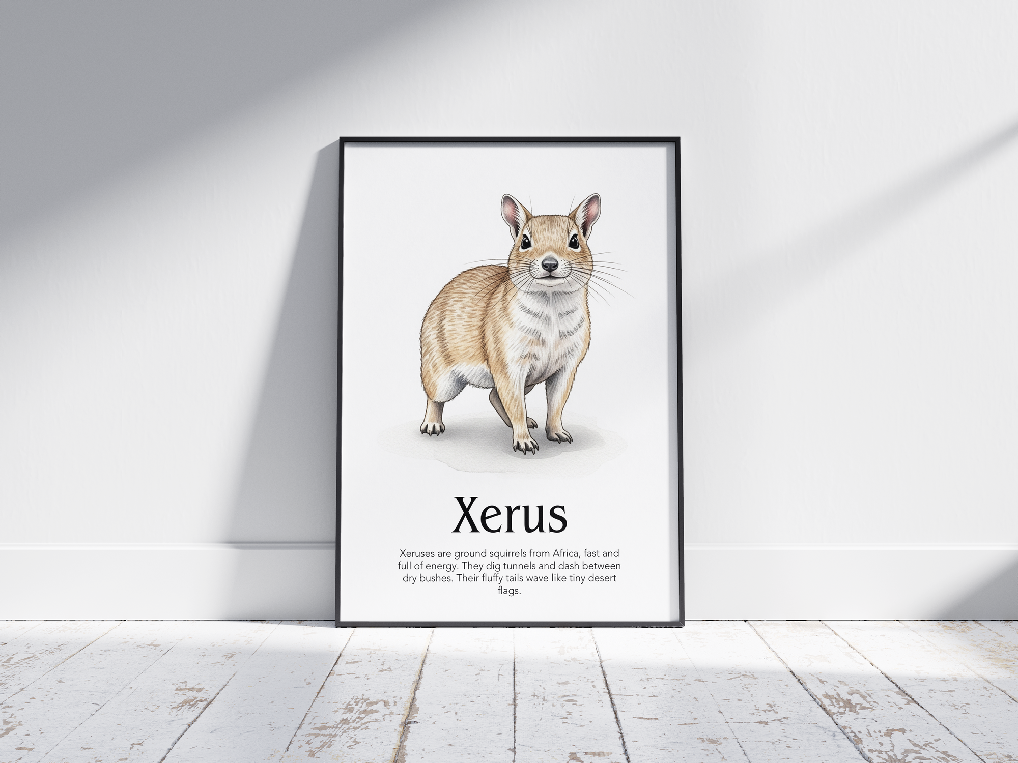 Detailed hand-illustrated Educational Xerus Animal Poster for the letter 'X', printed on semi-gloss sustainable paper. Perfect wall art for children's rooms, nurseries, or playrooms with an educational and nature-inspired aesthetic.