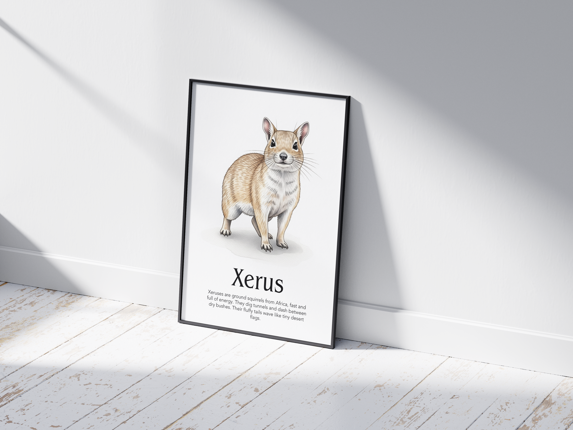 Detailed hand-illustrated Educational Xerus Animal Poster for the letter 'X', printed on semi-gloss sustainable paper. Perfect wall art for children's rooms, nurseries, or playrooms with an educational and nature-inspired aesthetic.