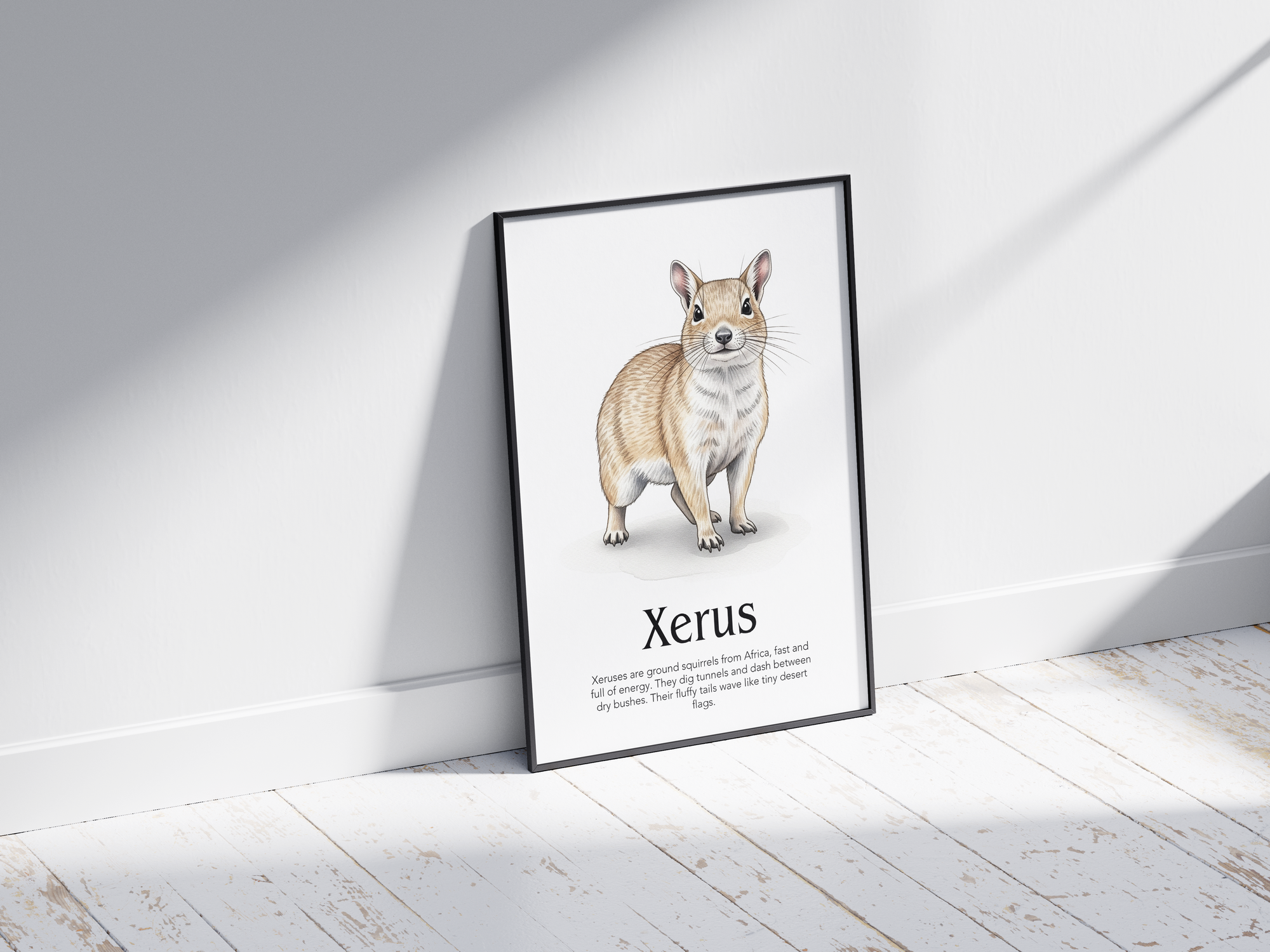 Detailed hand-illustrated Educational Xerus Animal Poster for the letter 'X', printed on semi-gloss sustainable paper. Perfect wall art for children's rooms, nurseries, or playrooms with an educational and nature-inspired aesthetic.