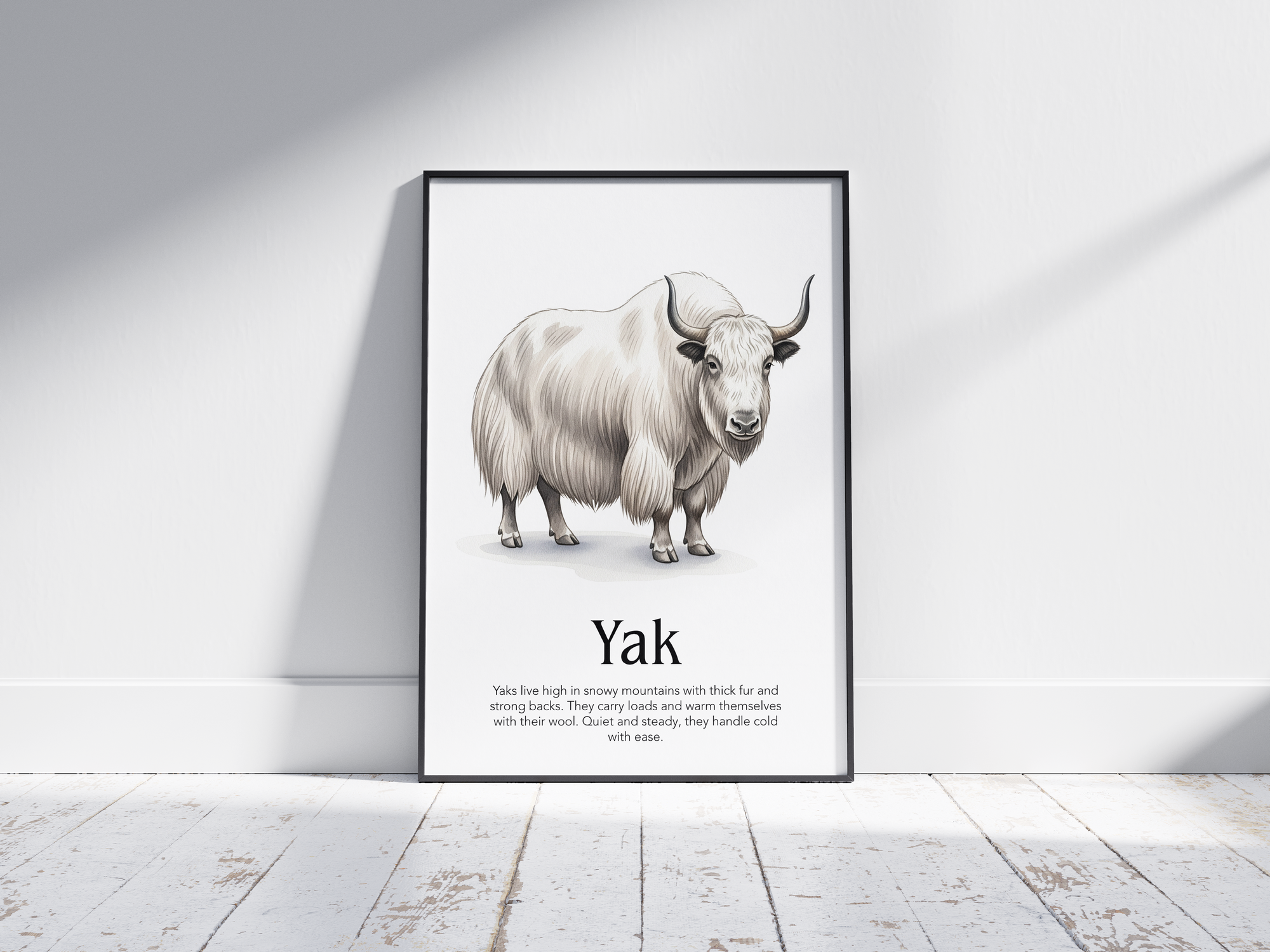 Detailed hand-illustrated Educational Yak Animal Poster for the letter 'Y', printed on semi-gloss sustainable paper. Perfect wall art for children's rooms, nurseries, or playrooms with an educational and nature-inspired aesthetic.