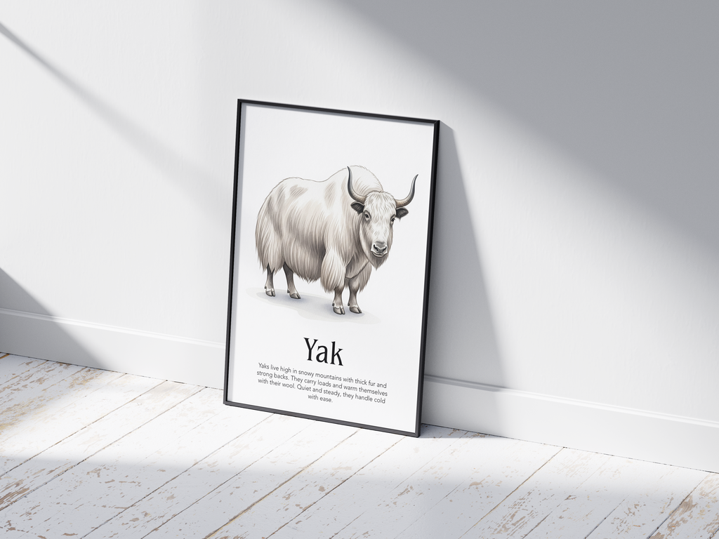 Detailed hand-illustrated Educational Yak Animal Poster for the letter 'Y', printed on semi-gloss sustainable paper. Perfect wall art for children's rooms, nurseries, or playrooms with an educational and nature-inspired aesthetic.