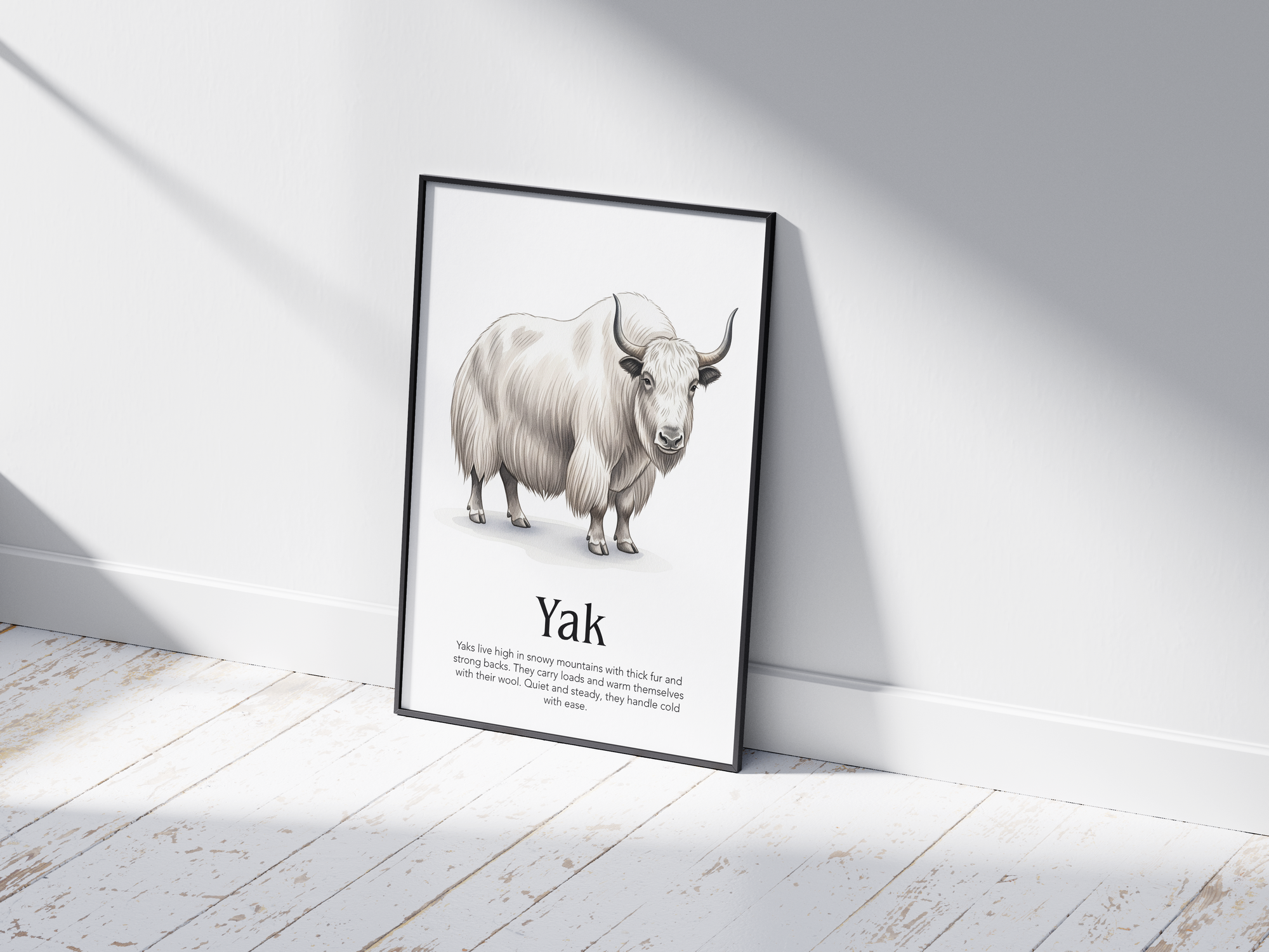 Detailed hand-illustrated Educational Yak Animal Poster for the letter 'Y', printed on semi-gloss sustainable paper. Perfect wall art for children's rooms, nurseries, or playrooms with an educational and nature-inspired aesthetic.