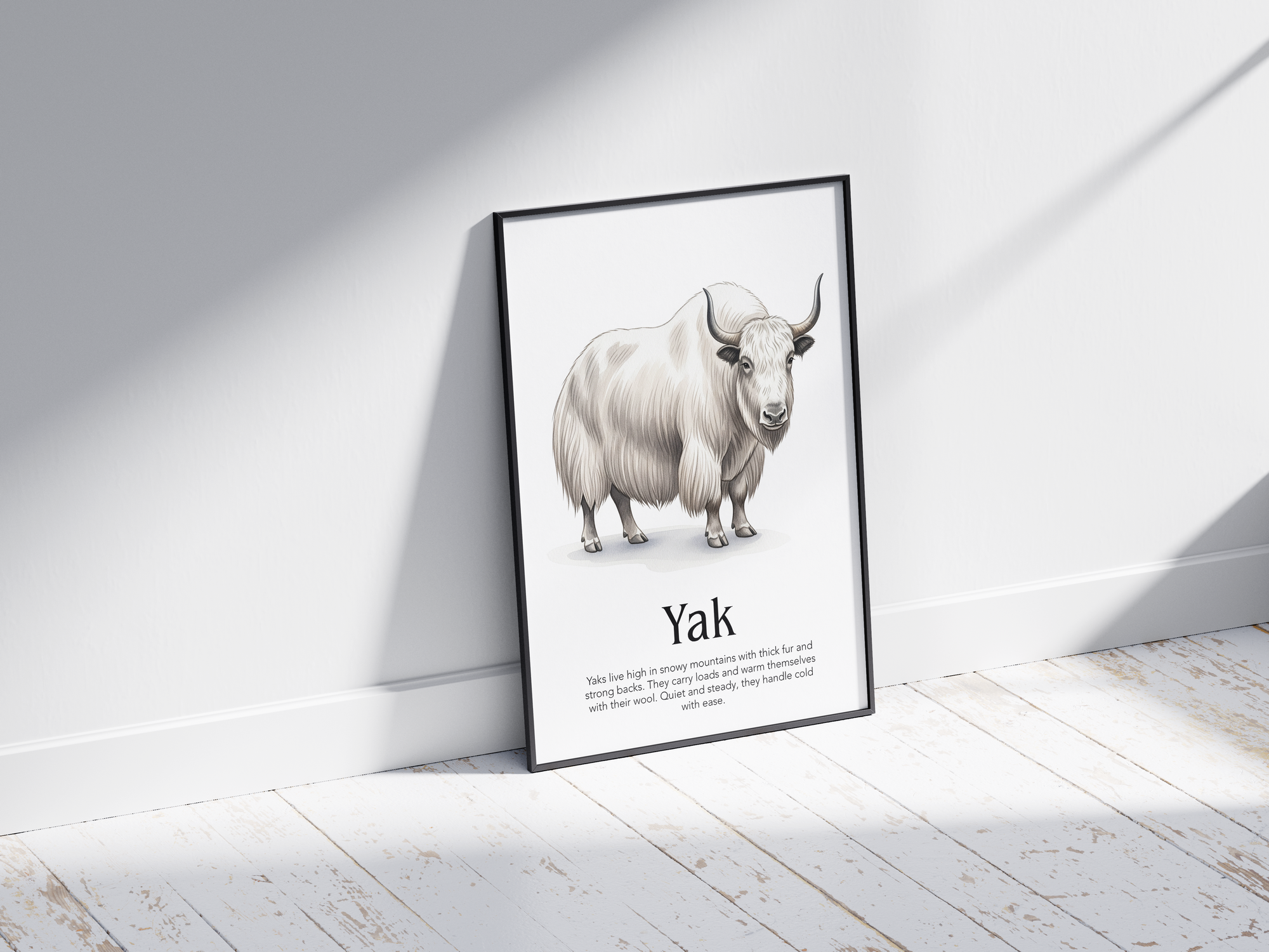 Detailed hand-illustrated Educational Yak Animal Poster for the letter 'Y', printed on semi-gloss sustainable paper. Perfect wall art for children's rooms, nurseries, or playrooms with an educational and nature-inspired aesthetic.