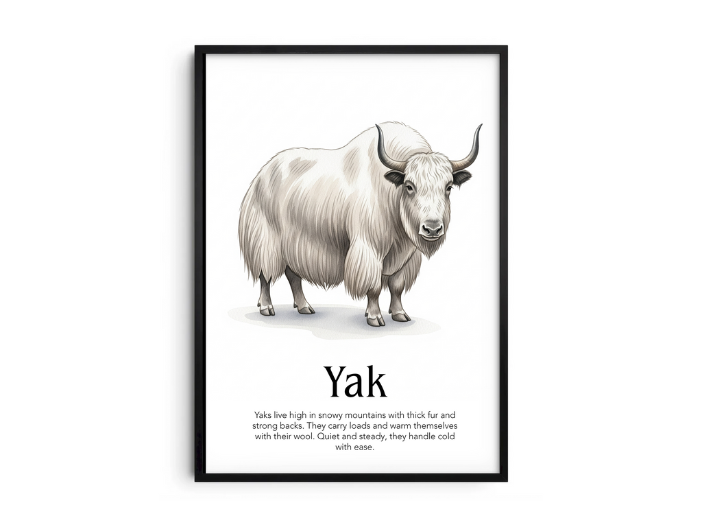 Detailed hand-illustrated Educational Yak Animal Poster for the letter 'Y', printed on semi-gloss sustainable paper. Perfect wall art for children's rooms, nurseries, or playrooms with an educational and nature-inspired aesthetic.