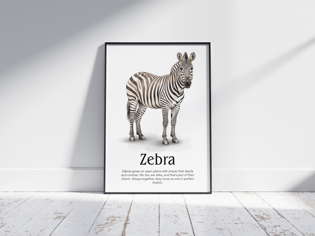 Detailed hand-illustrated Educational Zebra Animal Poster for the letter 'Z', printed on semi-gloss sustainable paper. Perfect wall art for children's rooms, nurseries, or playrooms with an educational and nature-inspired aesthetic.