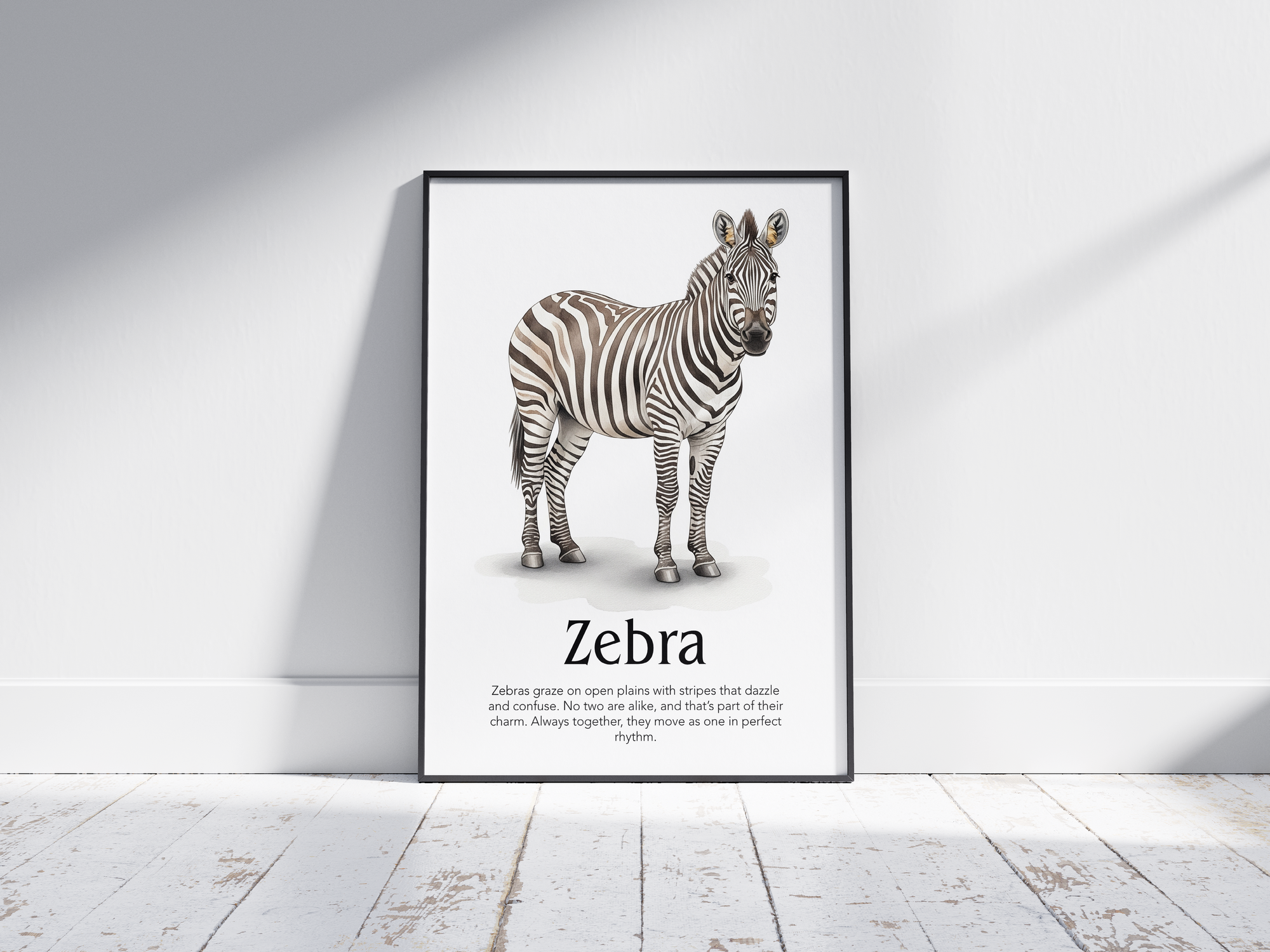 Detailed hand-illustrated Educational Zebra Animal Poster for the letter 'Z', printed on semi-gloss sustainable paper. Perfect wall art for children's rooms, nurseries, or playrooms with an educational and nature-inspired aesthetic.