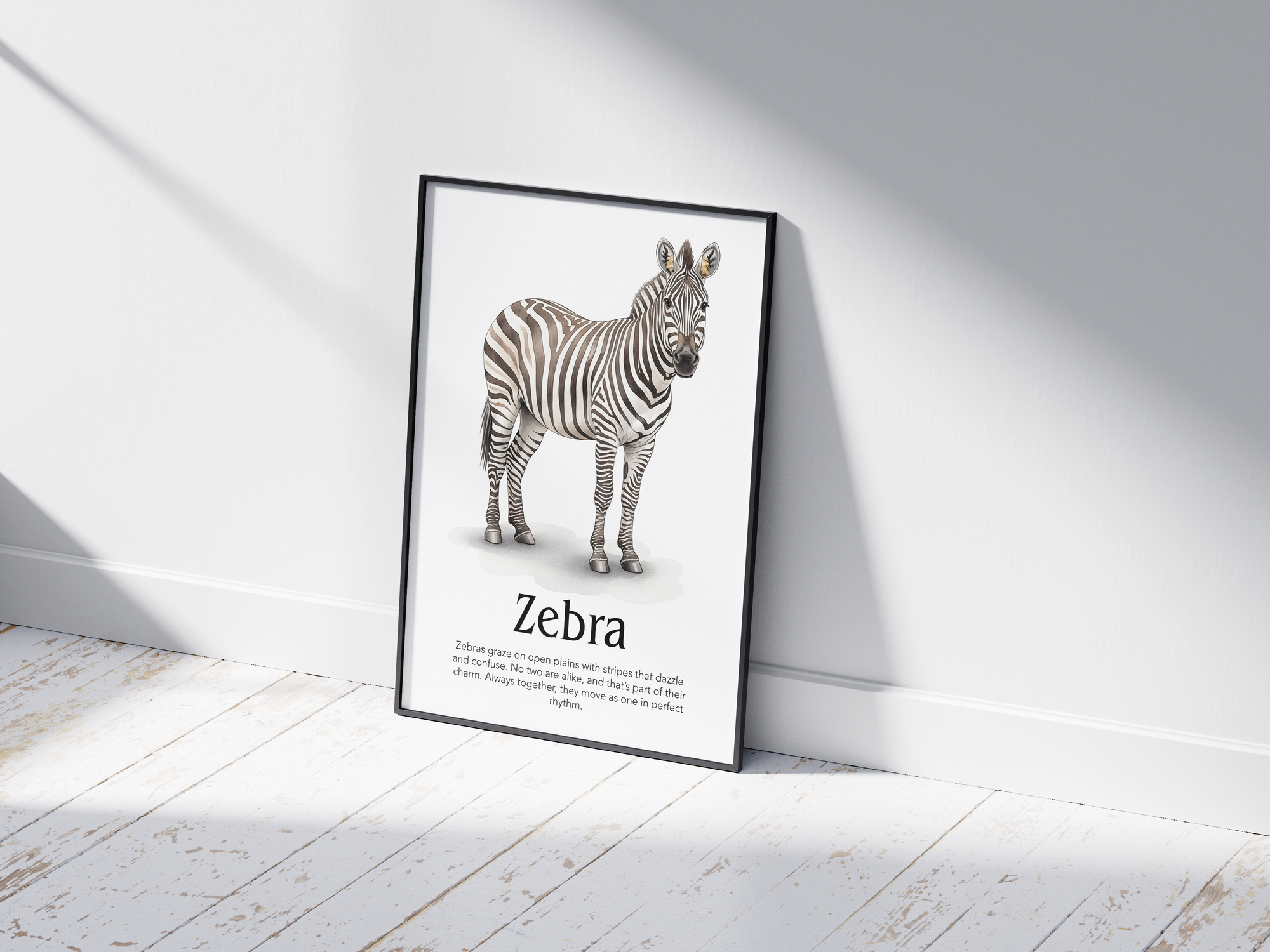 Detailed hand-illustrated Educational Zebra Animal Poster for the letter 'Z', printed on semi-gloss sustainable paper. Perfect wall art for children's rooms, nurseries, or playrooms with an educational and nature-inspired aesthetic.