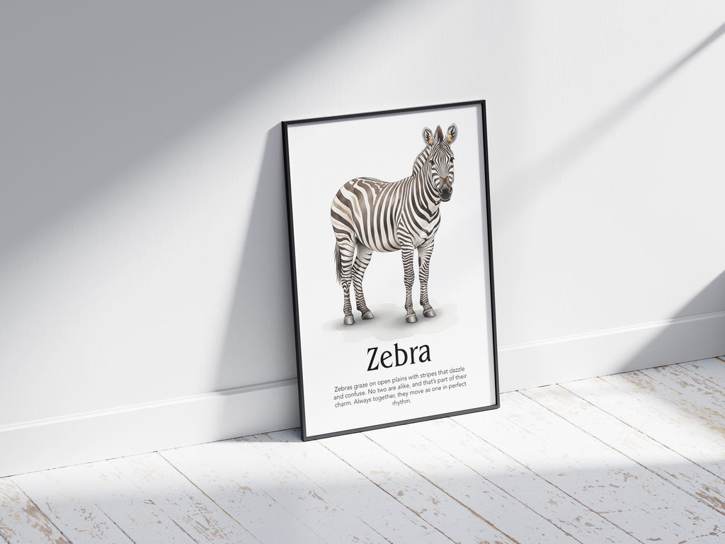 Detailed hand-illustrated Educational Zebra Animal Poster for the letter 'Z', printed on semi-gloss sustainable paper. Perfect wall art for children's rooms, nurseries, or playrooms with an educational and nature-inspired aesthetic.