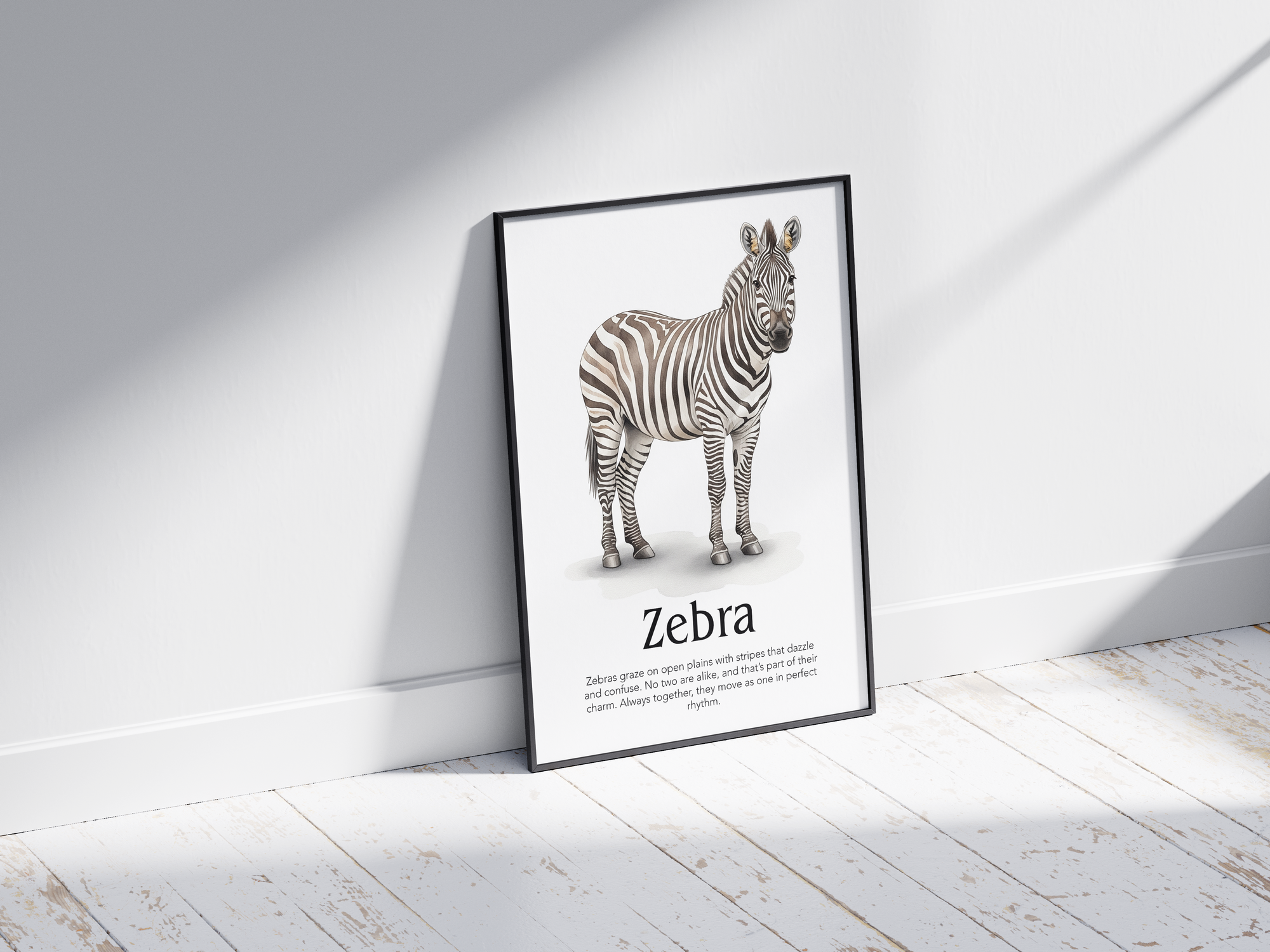 Detailed hand-illustrated Educational Zebra Animal Poster for the letter 'Z', printed on semi-gloss sustainable paper. Perfect wall art for children's rooms, nurseries, or playrooms with an educational and nature-inspired aesthetic.