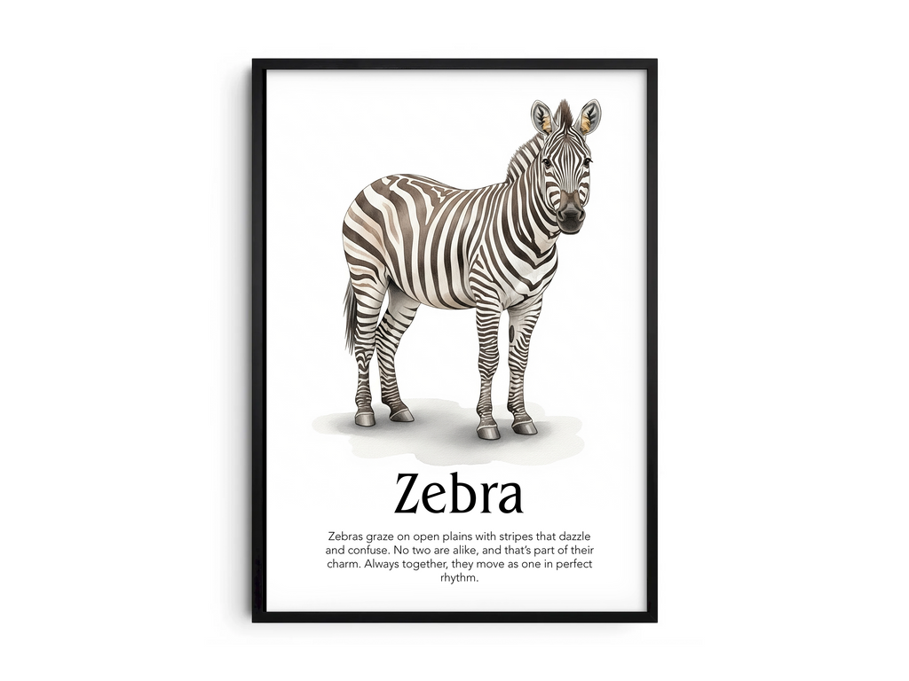 Detailed hand-illustrated Educational Zebra Animal Poster for the letter 'Z', printed on semi-gloss sustainable paper. Perfect wall art for children's rooms, nurseries, or playrooms with an educational and nature-inspired aesthetic.