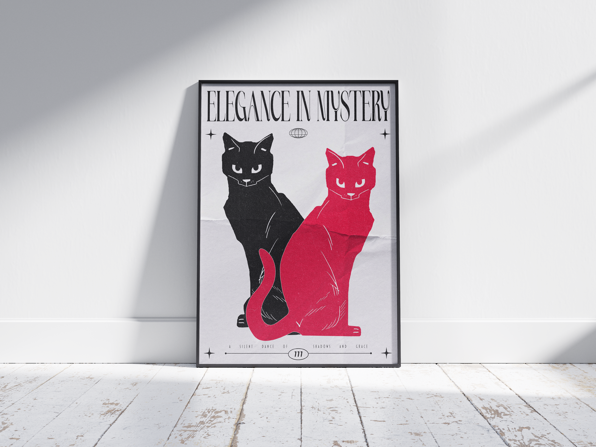 Modern black and red cat art poster with "Elegance in Mystery" text, featuring two stylized felines, printed on semi-gloss sustainable paper. Perfect wall art for living rooms, bedrooms, or contemporary interiors with a bold and enigmatic aesthetic.
