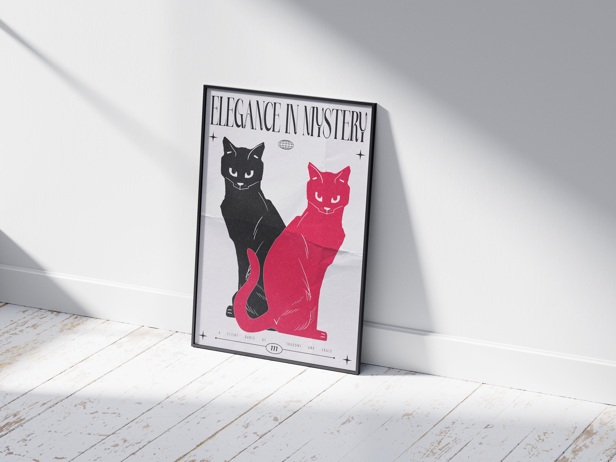Modern black and red cat art poster with "Elegance in Mystery" text, featuring two stylized felines, printed on semi-gloss sustainable paper. Perfect wall art for living rooms, bedrooms, or contemporary interiors with a bold and enigmatic aesthetic.