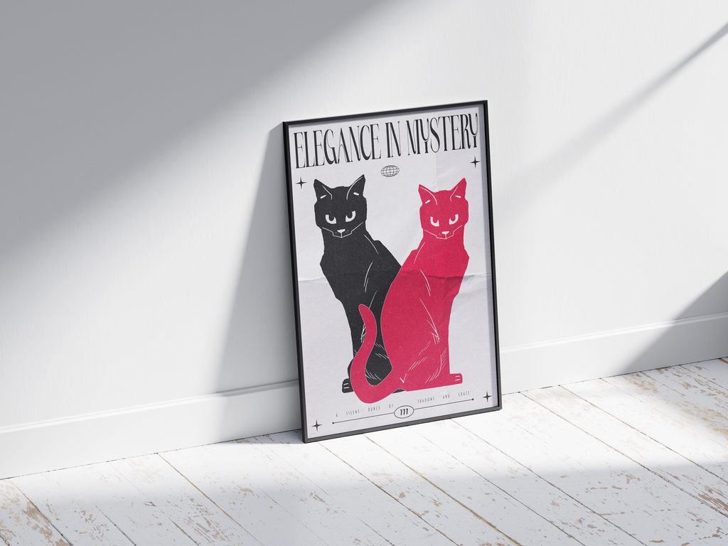 Modern black and red cat art poster with "Elegance in Mystery" text, featuring two stylized felines, printed on semi-gloss sustainable paper. Perfect wall art for living rooms, bedrooms, or contemporary interiors with a bold and enigmatic aesthetic.