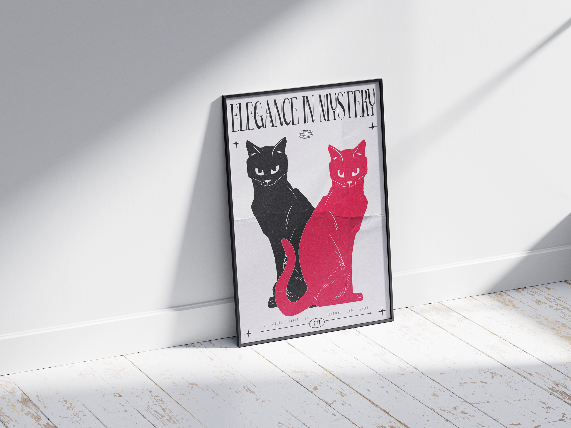 Modern black and red cat art poster with "Elegance in Mystery" text, featuring two stylized felines, printed on semi-gloss sustainable paper. Perfect wall art for living rooms, bedrooms, or contemporary interiors with a bold and enigmatic aesthetic.