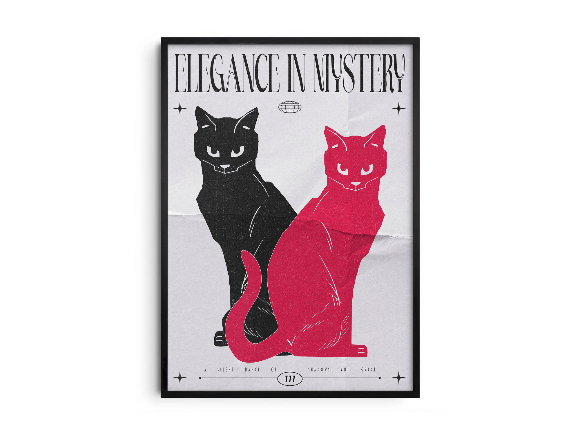 Modern black and red cat art poster with "Elegance in Mystery" text, featuring two stylized felines, printed on semi-gloss sustainable paper. Perfect wall art for living rooms, bedrooms, or contemporary interiors with a bold and enigmatic aesthetic.