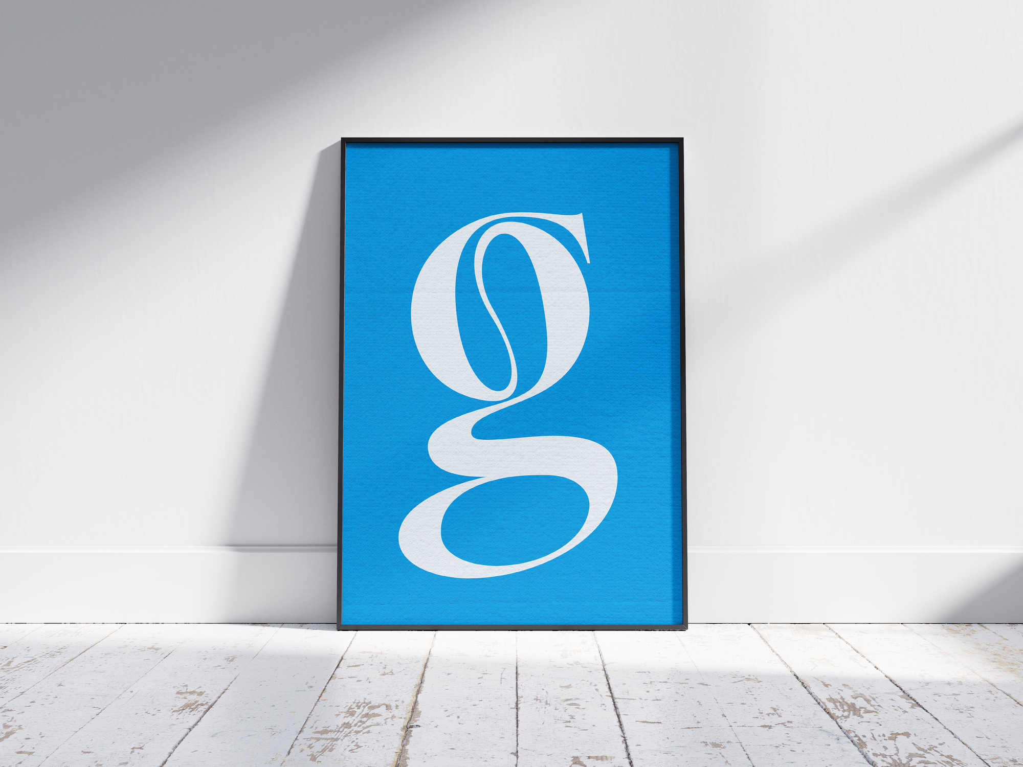 Elegant and classic alphabet letter G poster, featuring a flowing white serif 'g' on a bright sky-blue background. Perfect sophisticated wall art for libraries, offices, or gallery walls with a timeless, graceful, and classic typography aesthetic.