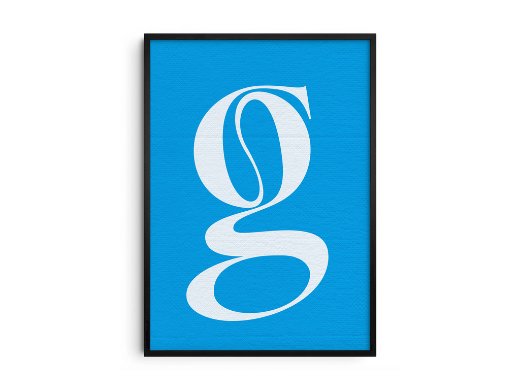 Elegant and classic alphabet letter G poster, featuring a flowing white serif 'g' on a bright sky-blue background. Perfect sophisticated wall art for libraries, offices, or gallery walls with a timeless, graceful, and classic typography aesthetic.